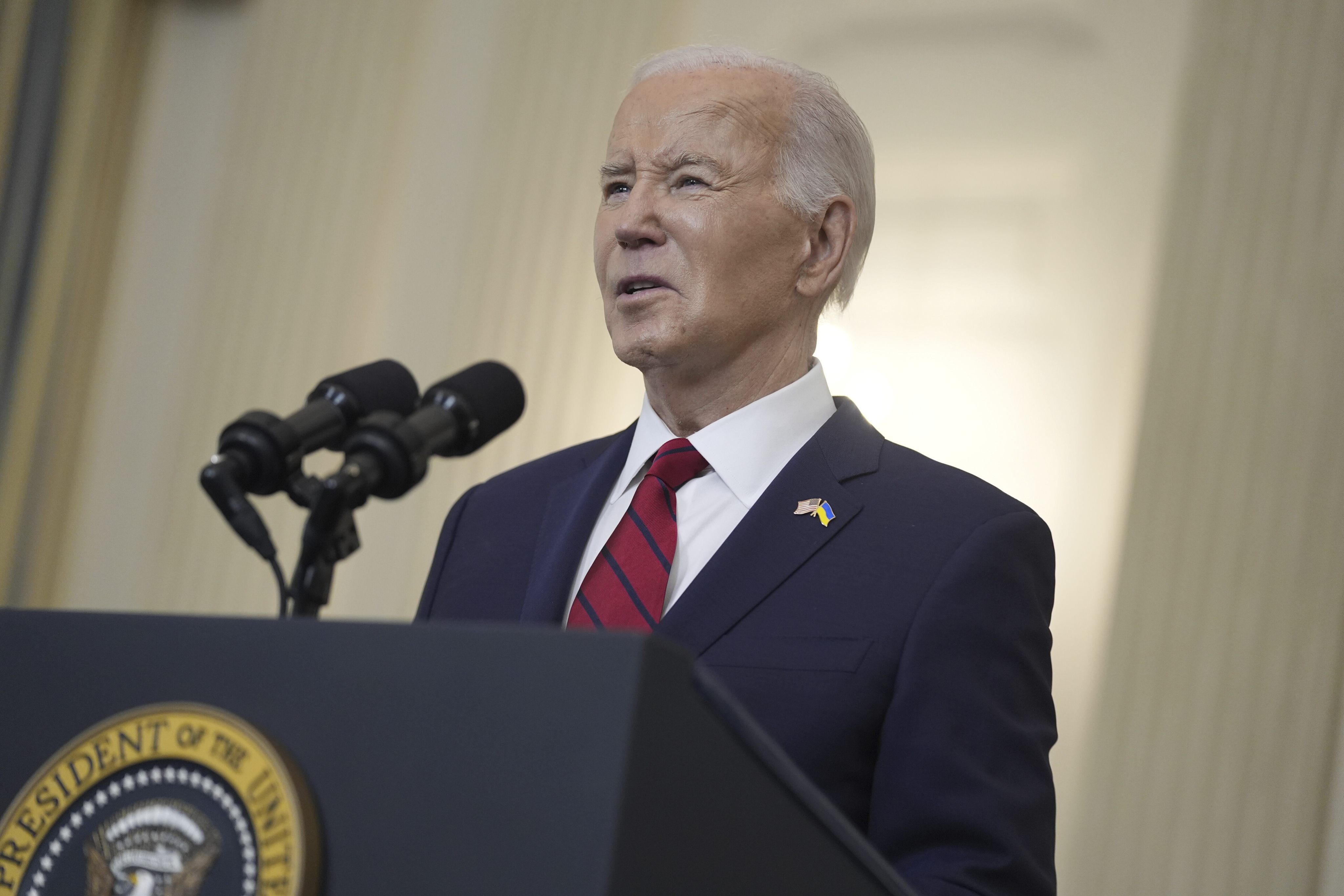 President Joe Biden speaks before signing a Ukraine aid package that also includes support for Israel, Taiwan, and other allies, in the State Dining Room of the White House on Wednesday. Photo: AP