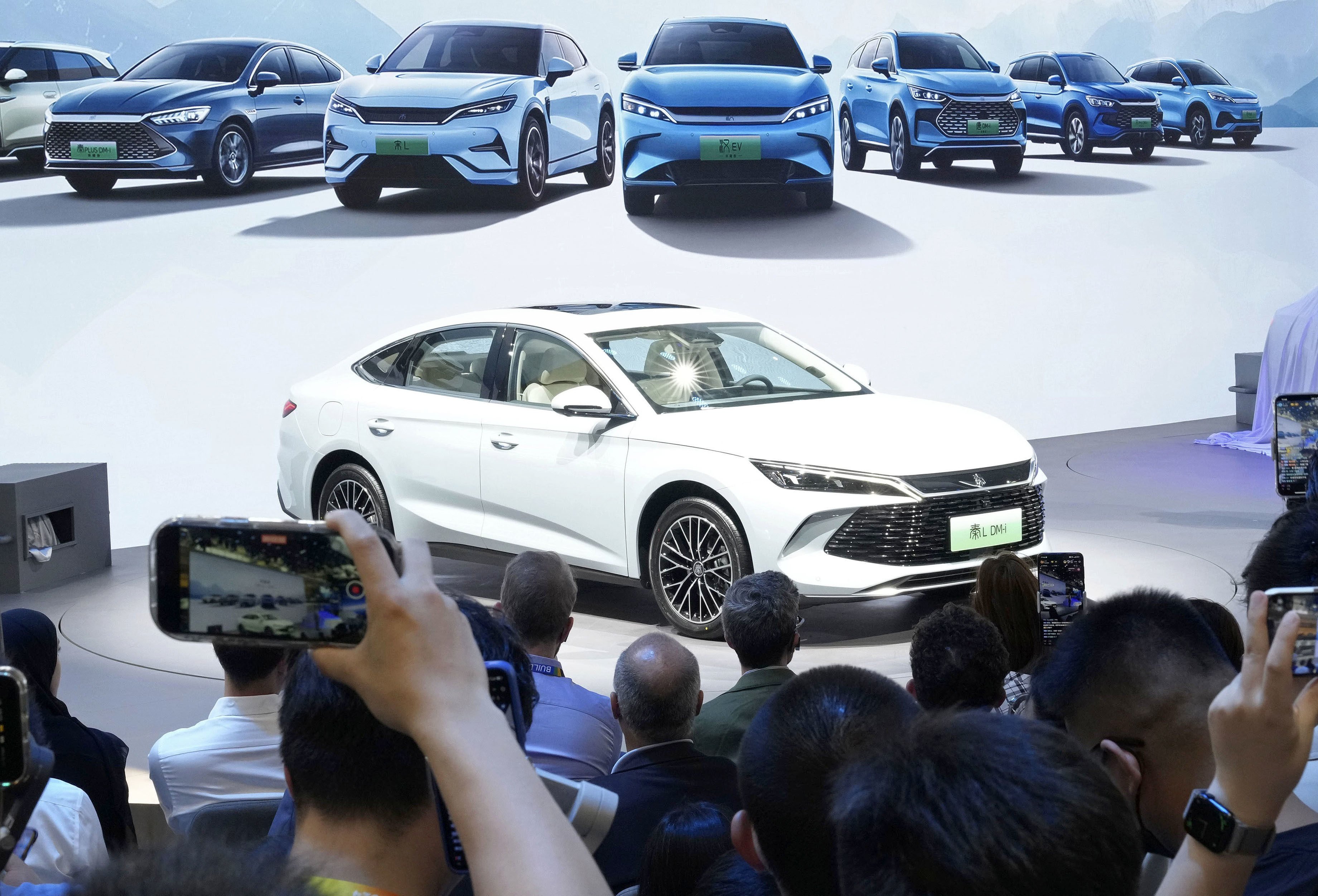 Chinese electric vehicle maker BYD releases a new plug-in hybrid model on the first day of the Beijing International Automotive Exhibition on April 25, 2024, in the Chinese capital. Photo: Kyodo