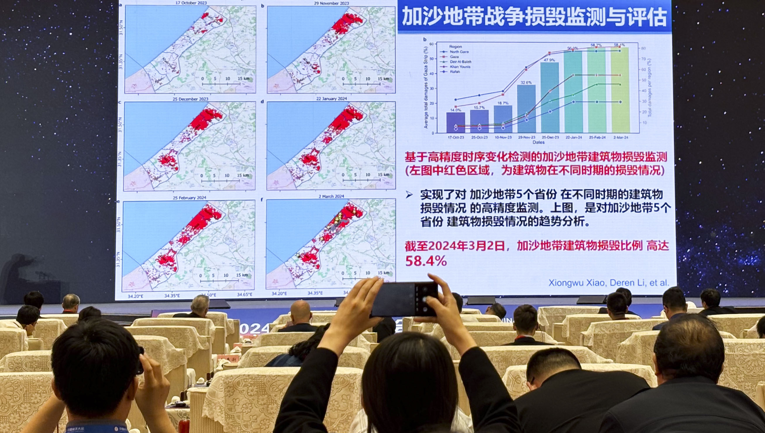 Li Deren from Wuhan University presents his teams findings on destruction in Gaza at the China Space Conference’s main on Wednesday. Photo: Handout