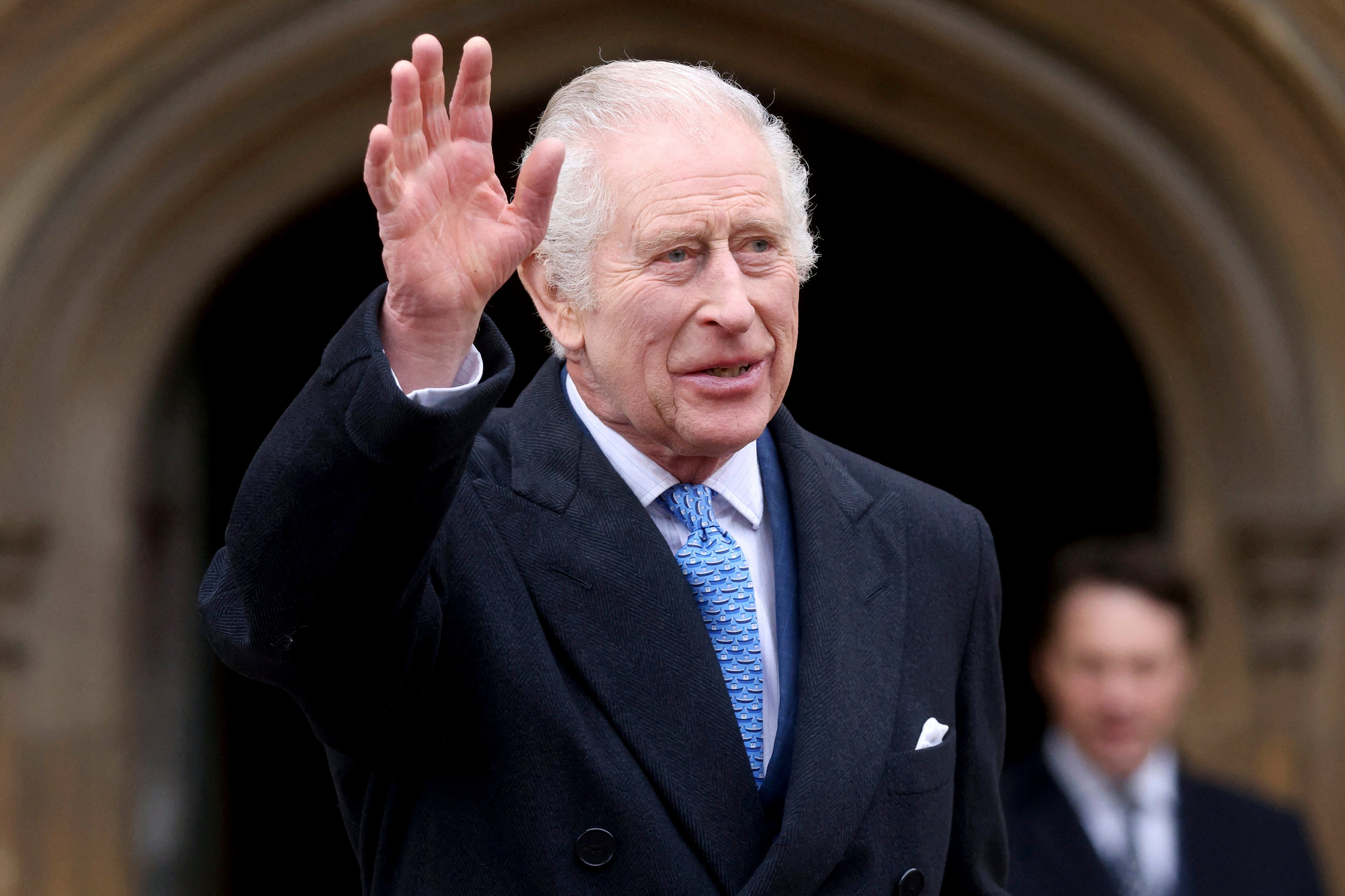 Britain’s King Charles waves as he leaves after attending the Easter Matins Service at St George’s Chapel, Windsor Castle, in Mach. Photo: AP