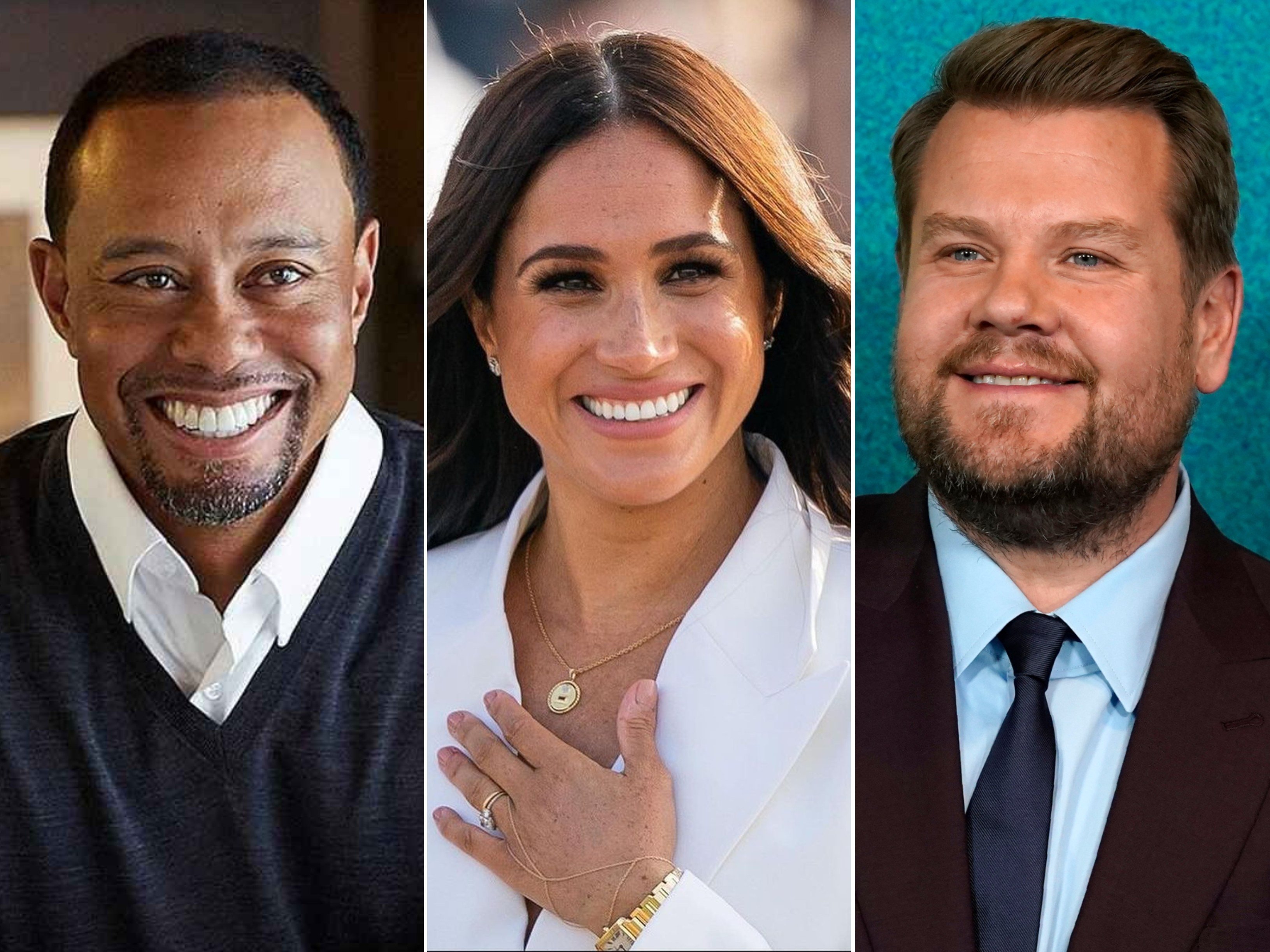Tiger Woods, Meghan Markle and James Corden have all been called out for treating restaurant staff badly. Photos: T-Squared Social; @meghan_markle_page/Instagram; AP