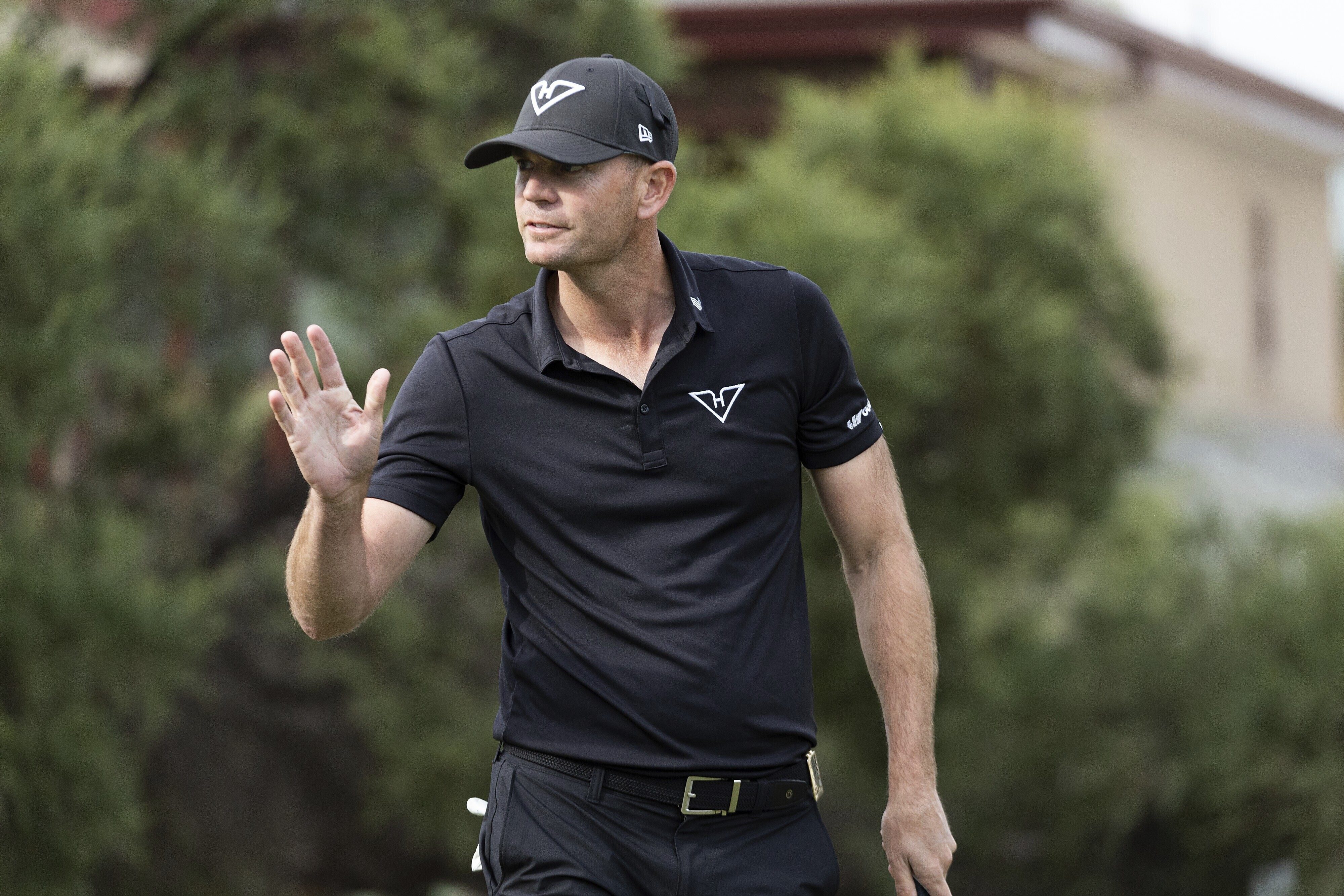 Brendan Steele waves to the crowd during the second round of LIV Golf Adelaide. Photo: AP