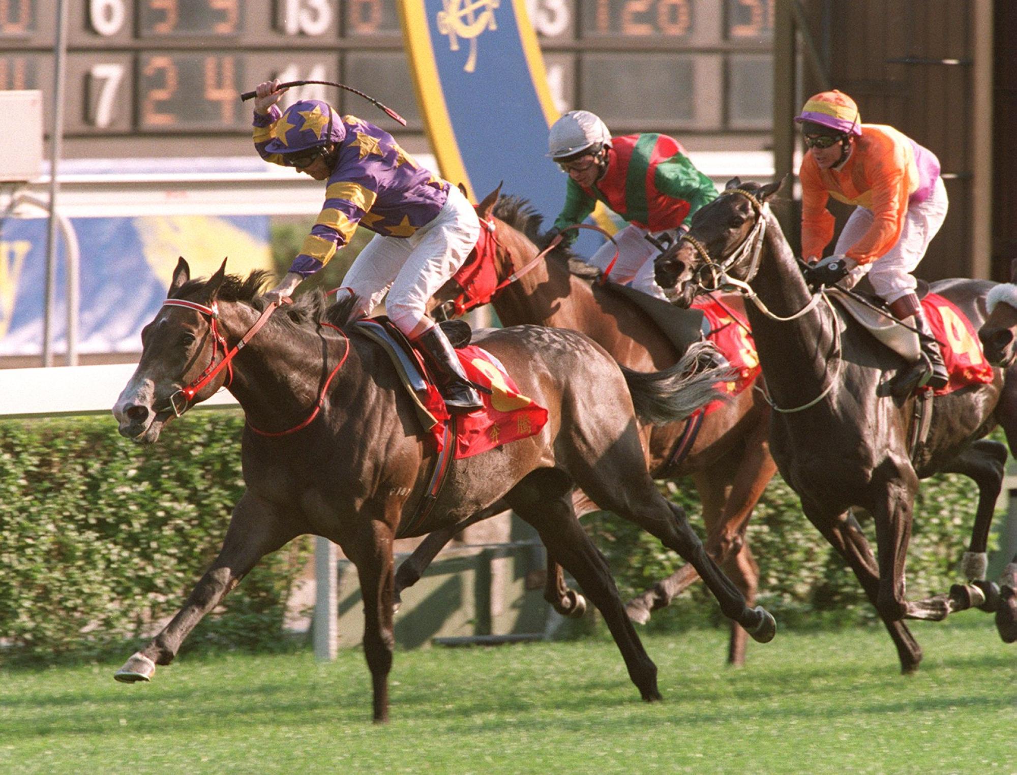 Oriental Express wins the 1997 Hong Kong Derby under Basil Marcus.