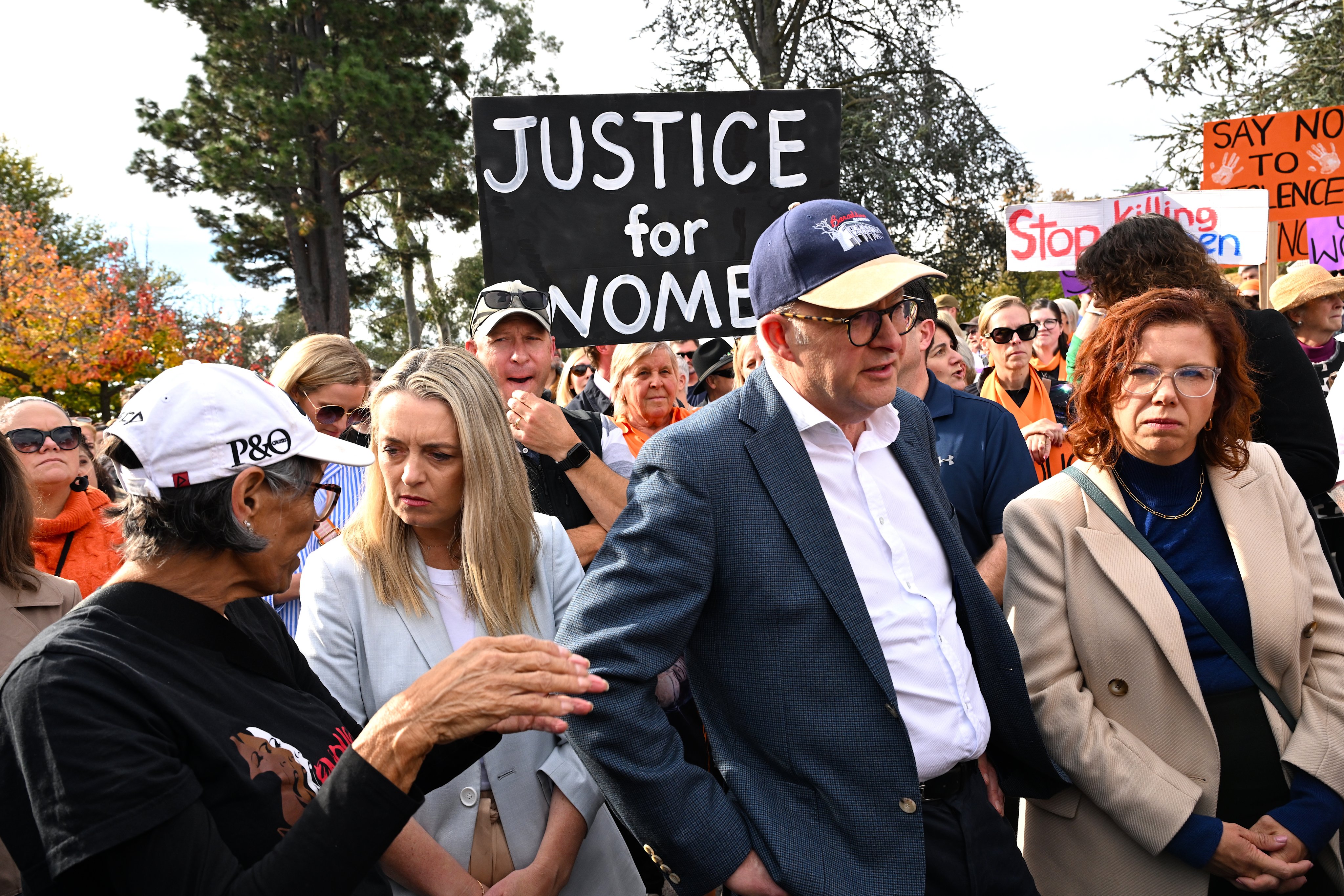 Australian Prime Minister Anthony Albanese attends a rally to a call for action to end violence against women, in Canberra, on Sunday. Photo: EPA-EFE