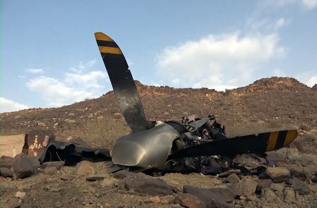 The wreckage of what appears to be a US MQ-9 Reaper drone is seen after the Houthis allegedly shot it down over the northern province of Saada, Yemen, on Thursday. Photo: EPA-EFE