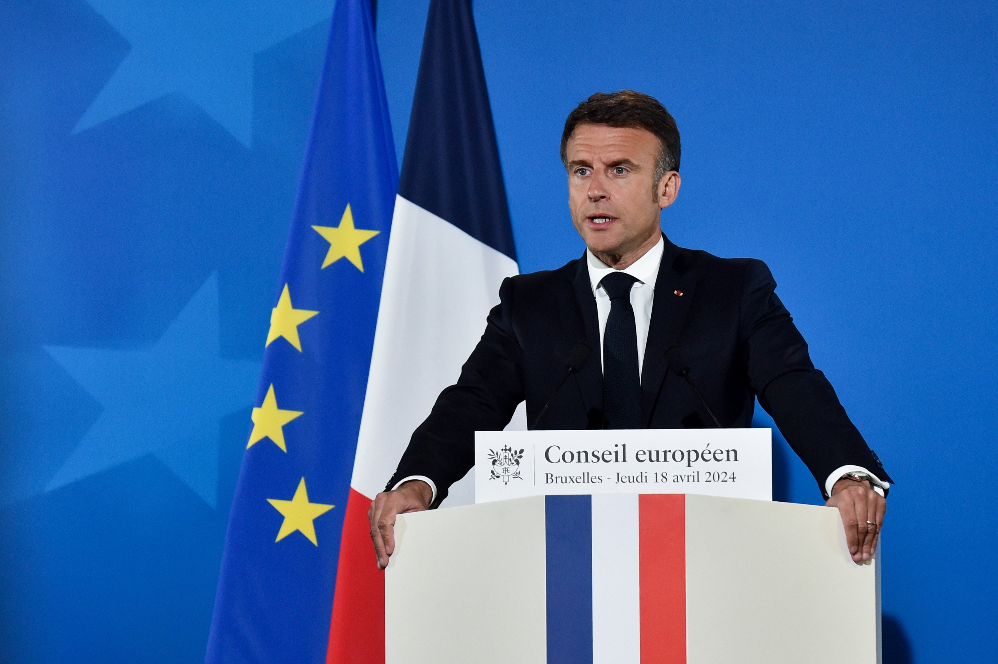 French President Emmanuel Macron speaking at a press conference in Brussels earlier this month. Photo: European Council/dpa