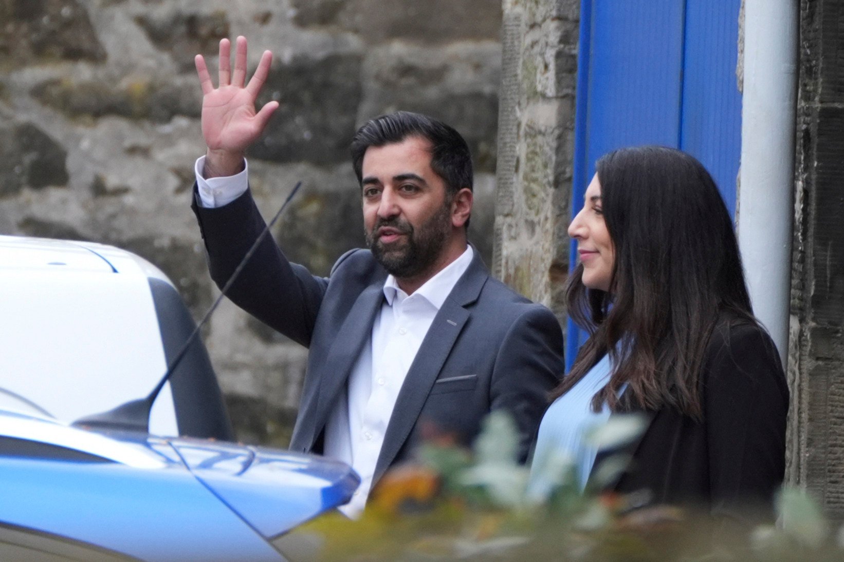 Scotland’s First Minister Humza Yousaf and his wife Nadia El-Nakla leave Bute House in Edinburgh, the official residence of Scotland’s premier, after he announced on Monday that he will resign as SNP leader and first minister. Photo: PA via AP