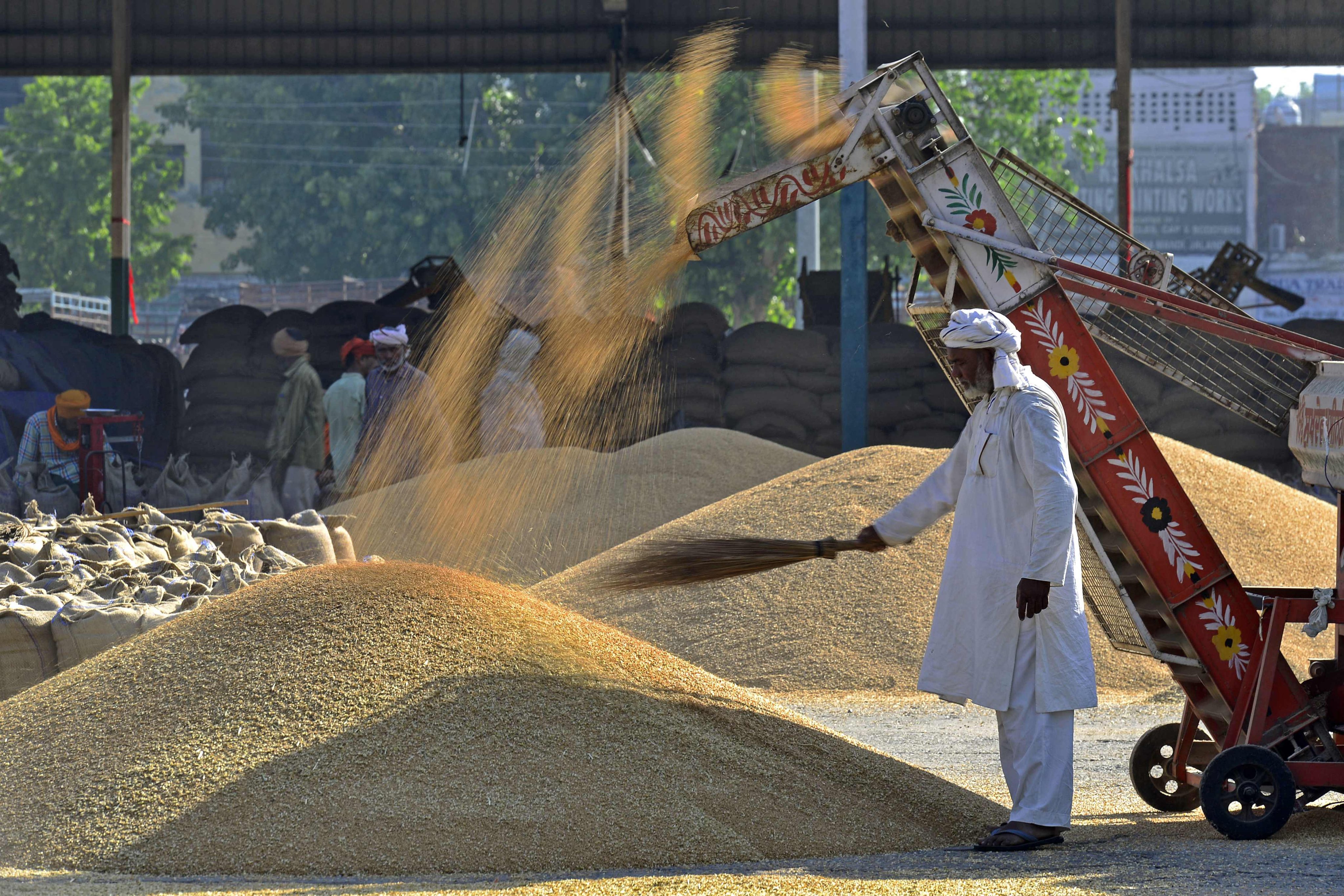 A worker spreads wheat grains for drying at a wholesale grain market in Jalandhar, India, on April 22. India’s agricultural sector, a vital employer, has underperformed, according to Nomura. Photo: AFP