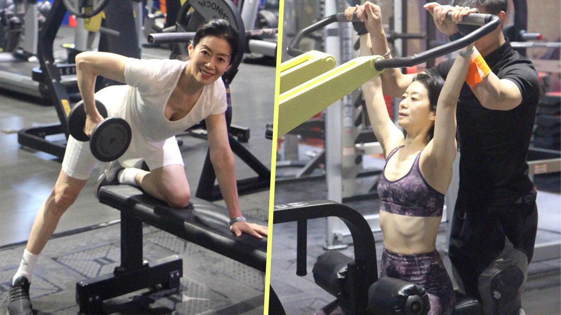 A 63-year-old retired woman in China has impressed many people online by keeping old age at bay with an impressive gym workout regime. Photo: SCMP composite/Douyin