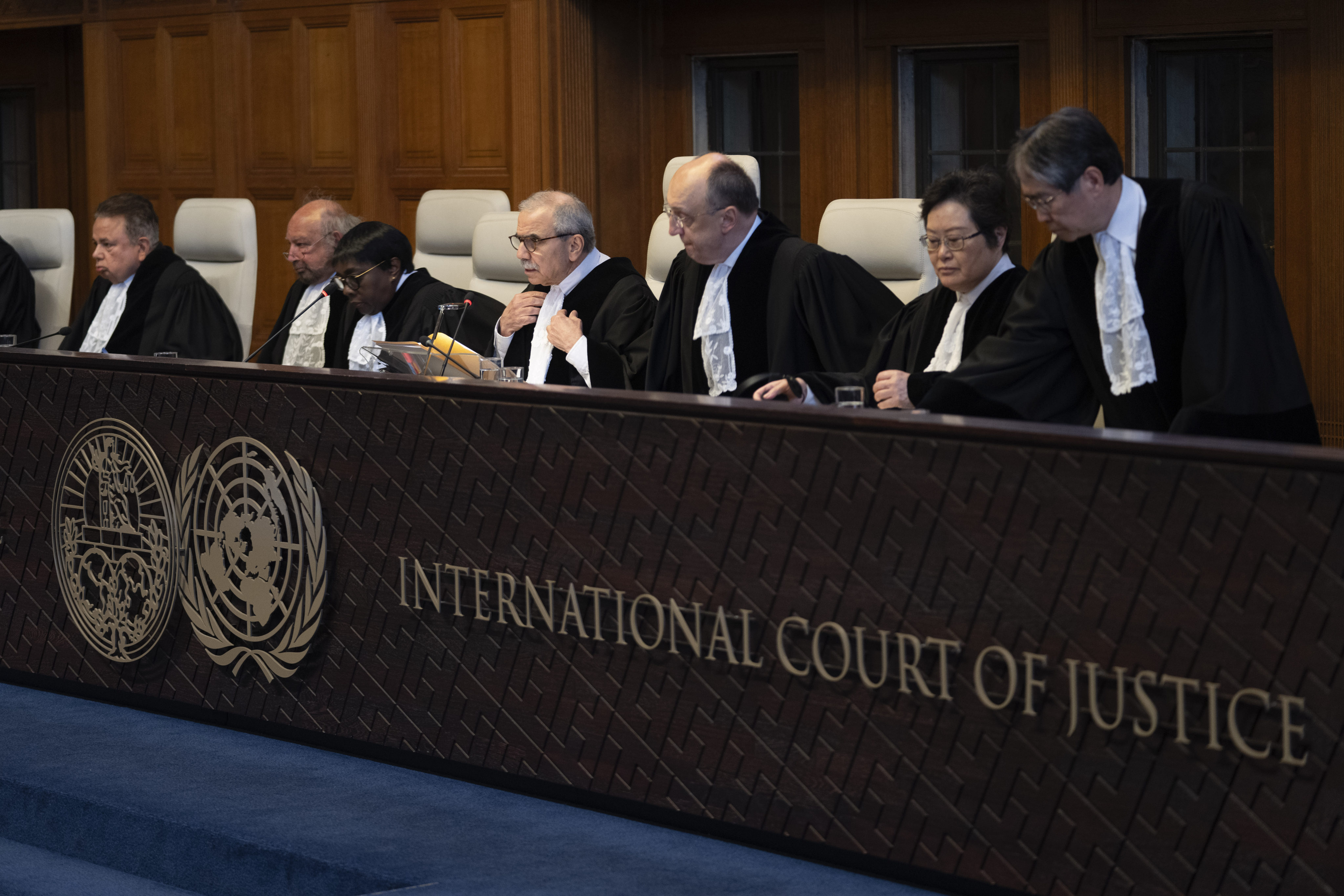 Presiding judge Nawaf Salam, fourth from right, opens the court session of the International Court of Justice in The Hague on a request by Nicaragua for judges to order Germany to halt military aid to Israel. Photo: AP