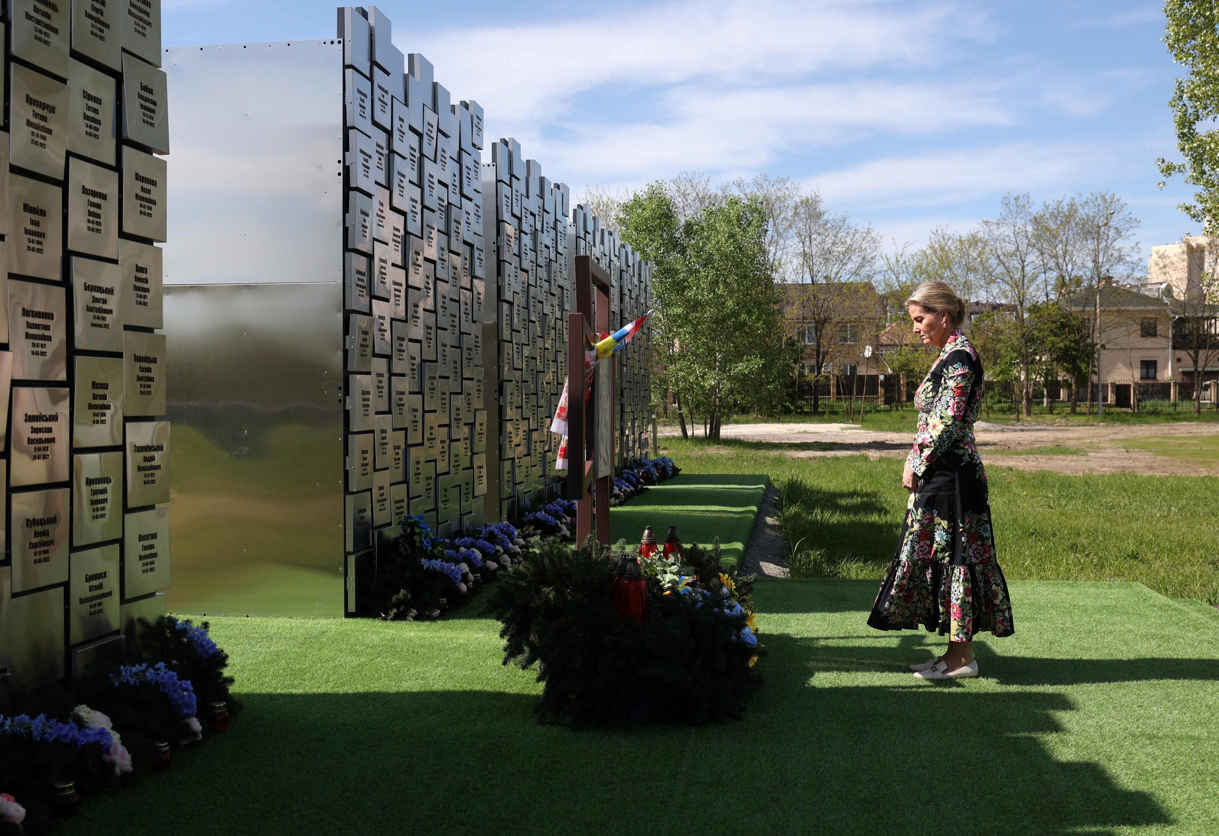 Sophie, the Duchess of Edinburgh, visits a memorial in the town of Bucha, Ukraine. Photo: AFP