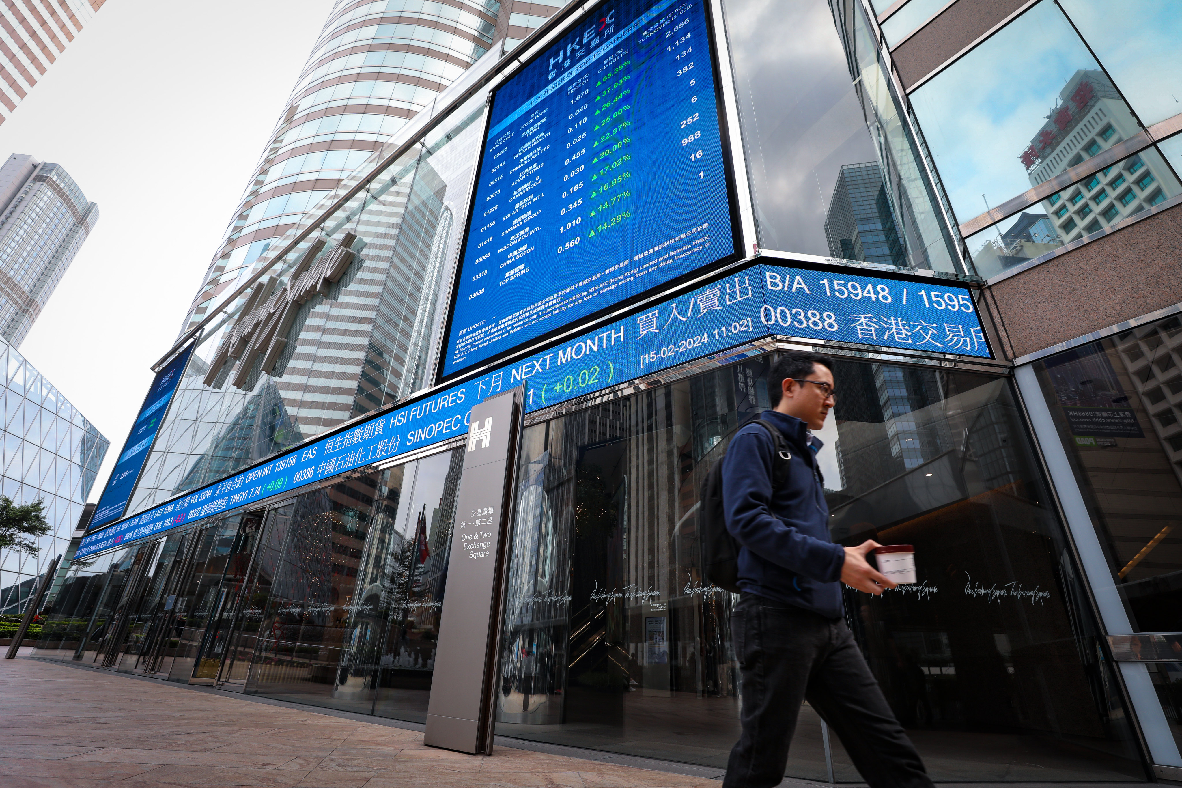 Screens show stock information outside Exchange Square in Hong Kong, home of the city’s bourse operator, on February 15, 2024. Photo: Sun Yeung