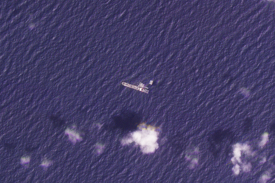 A satellite photo shows the USNS Roy P. Benavidez in the Mediterranean Sea off the coast of Gaza on Saturday. Photo: Planet Labs PBC via AP