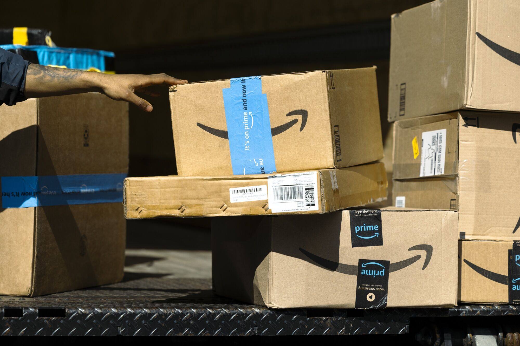 Amazon packages on the back of a delivery truck in New York, US, April 15, 2024. Photo: Bloomberg