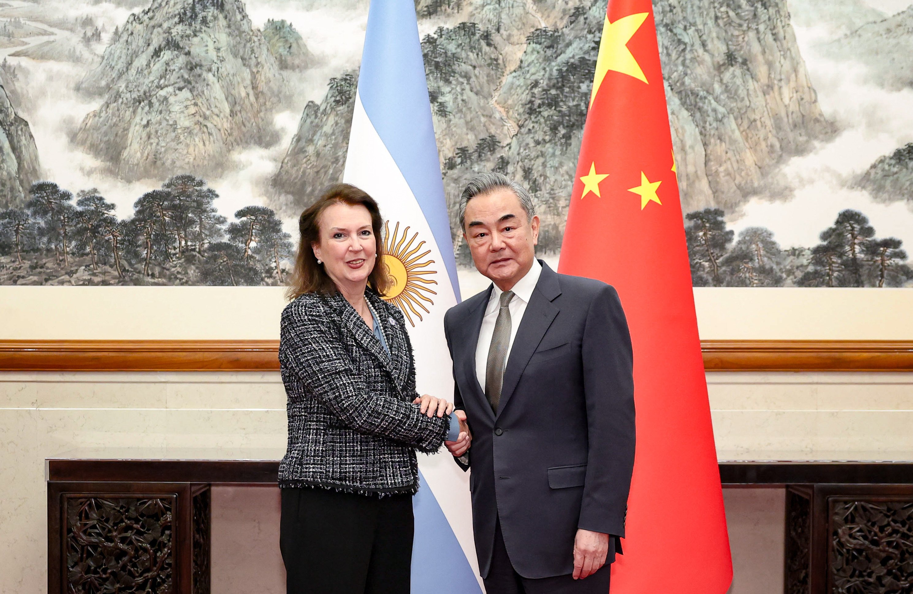 Chinese Foreign Minister Wang Yi welcomes Argentina’s top diplomat Diana Mondino in Beijing on Tuesday. Photo: Xinhua