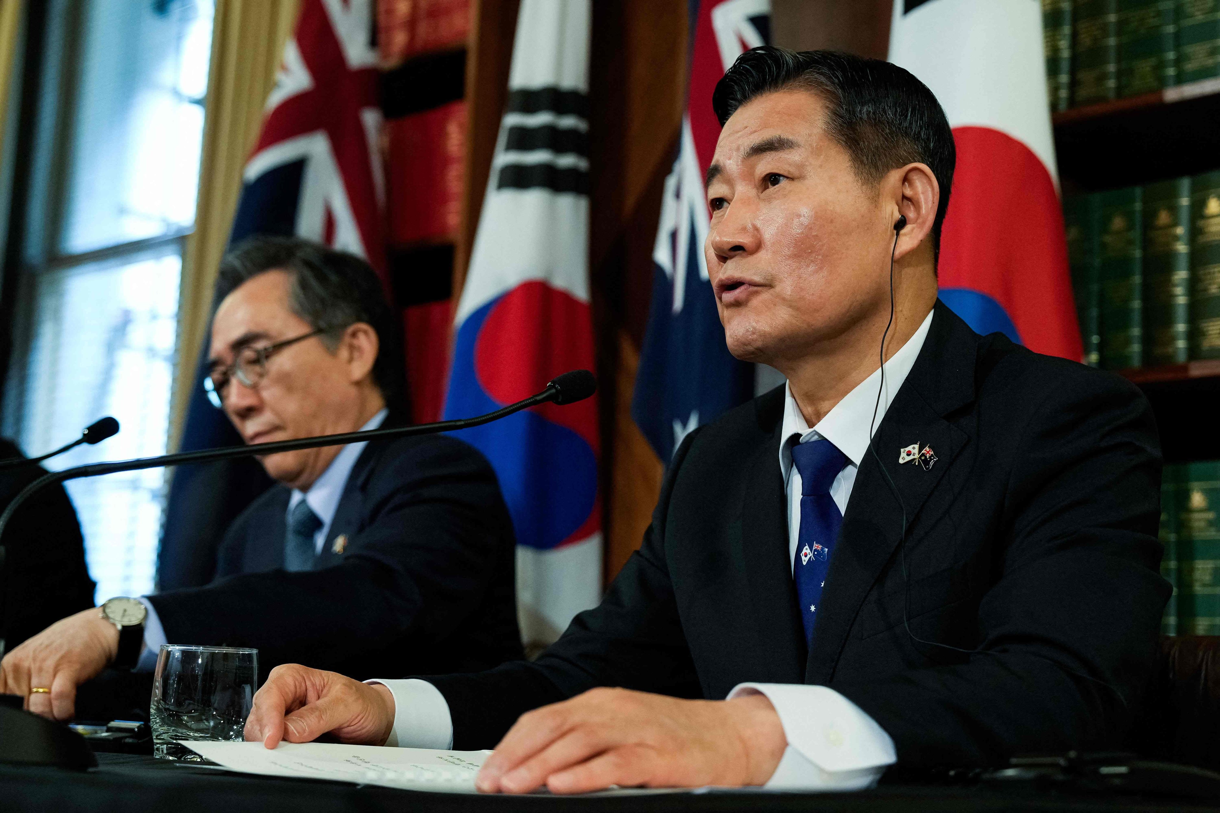 South Korea’s National Defence Minister Shin Won-sik (right) speaks at a press conference in Melbourne on Wednesday. Photo: AFP