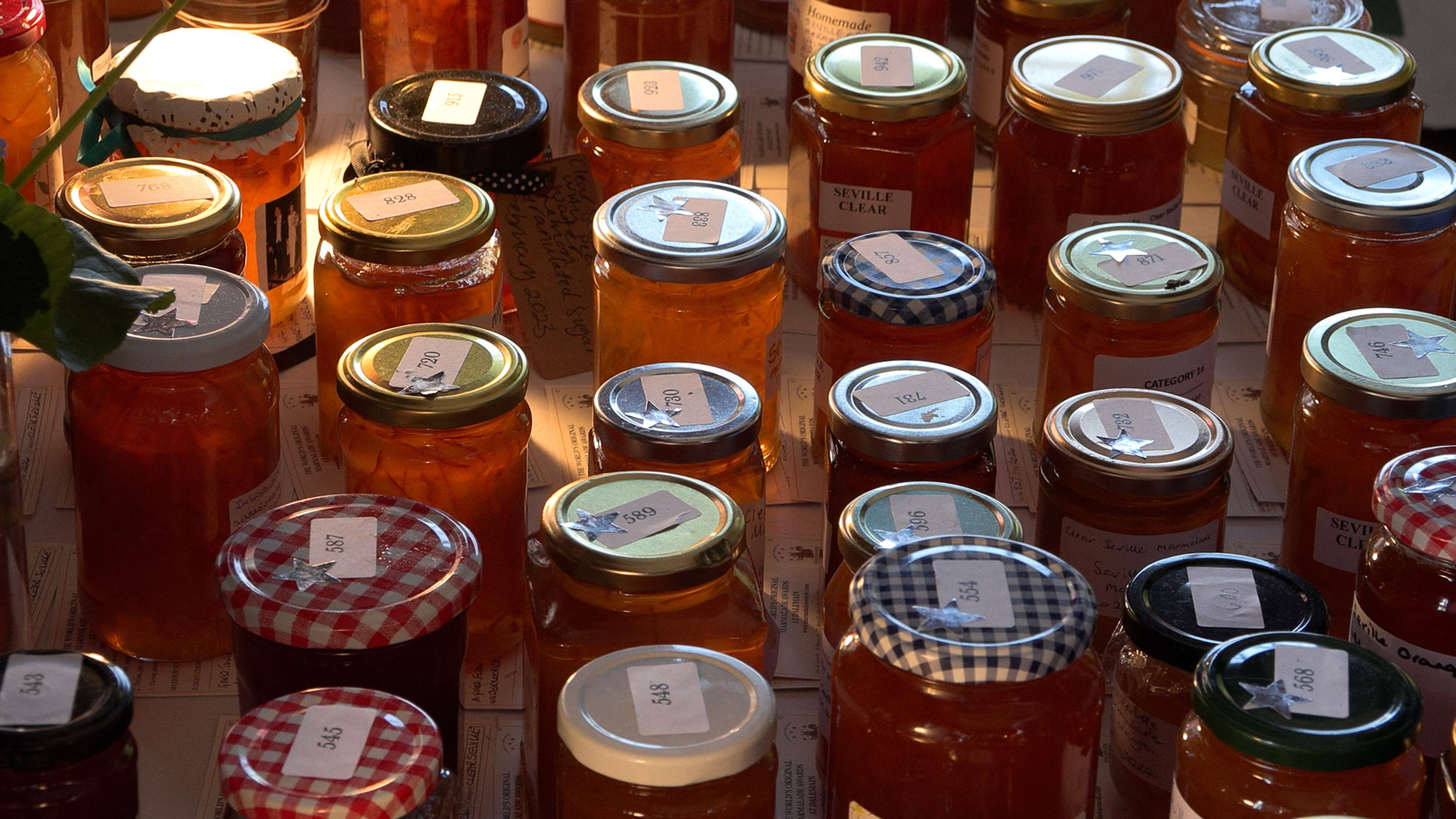 Some of the thousands of jars of marmalade at the 2024 Dalemain World Marmalade Awards, in Penrith, England. The eccentric cultural event brings together marmalade lovers from around the world while promoting the preserve loved by Queen Elizabeth. Photo: AFP