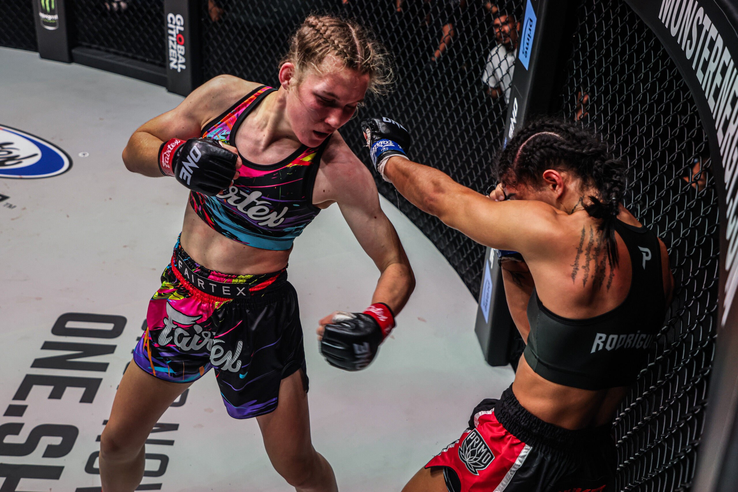 Smilla Sundell punches Allycia Rodrigues during the first defence of her title at ONE Fight Night 14. Photo: ONE Championship