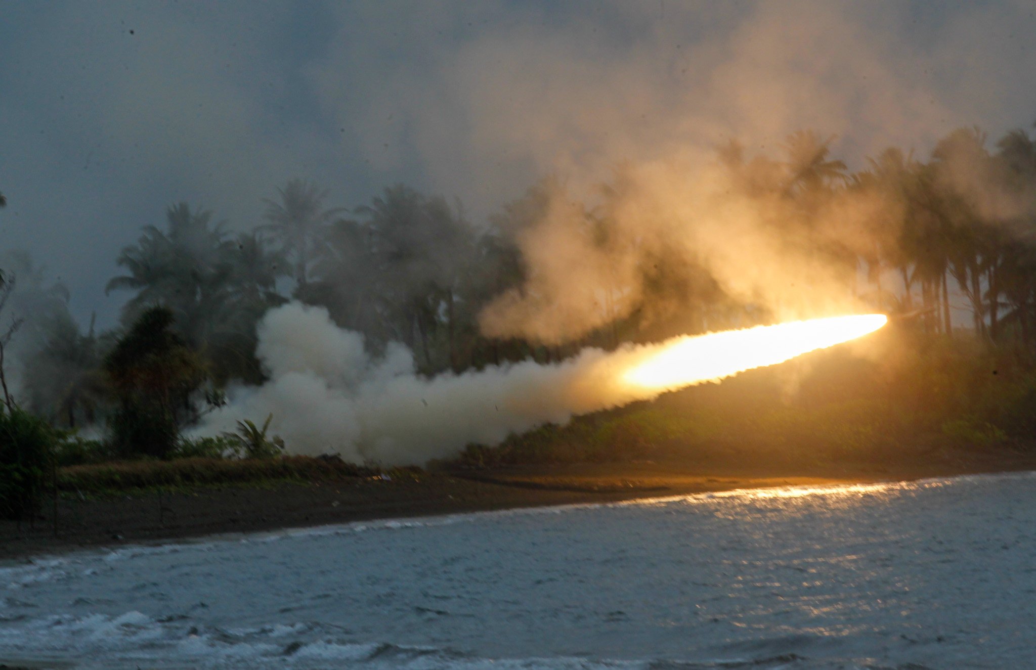 A rocket launched using a M142 High Mobility Artillery Rocket System (HIMARS) from the coastal village of Campong Ulay in Palawan, an island facing the South China Sea, on Thursday as part of this year’s annual Balikatan joint military exercises. Photo: Jeoffrey Maitem