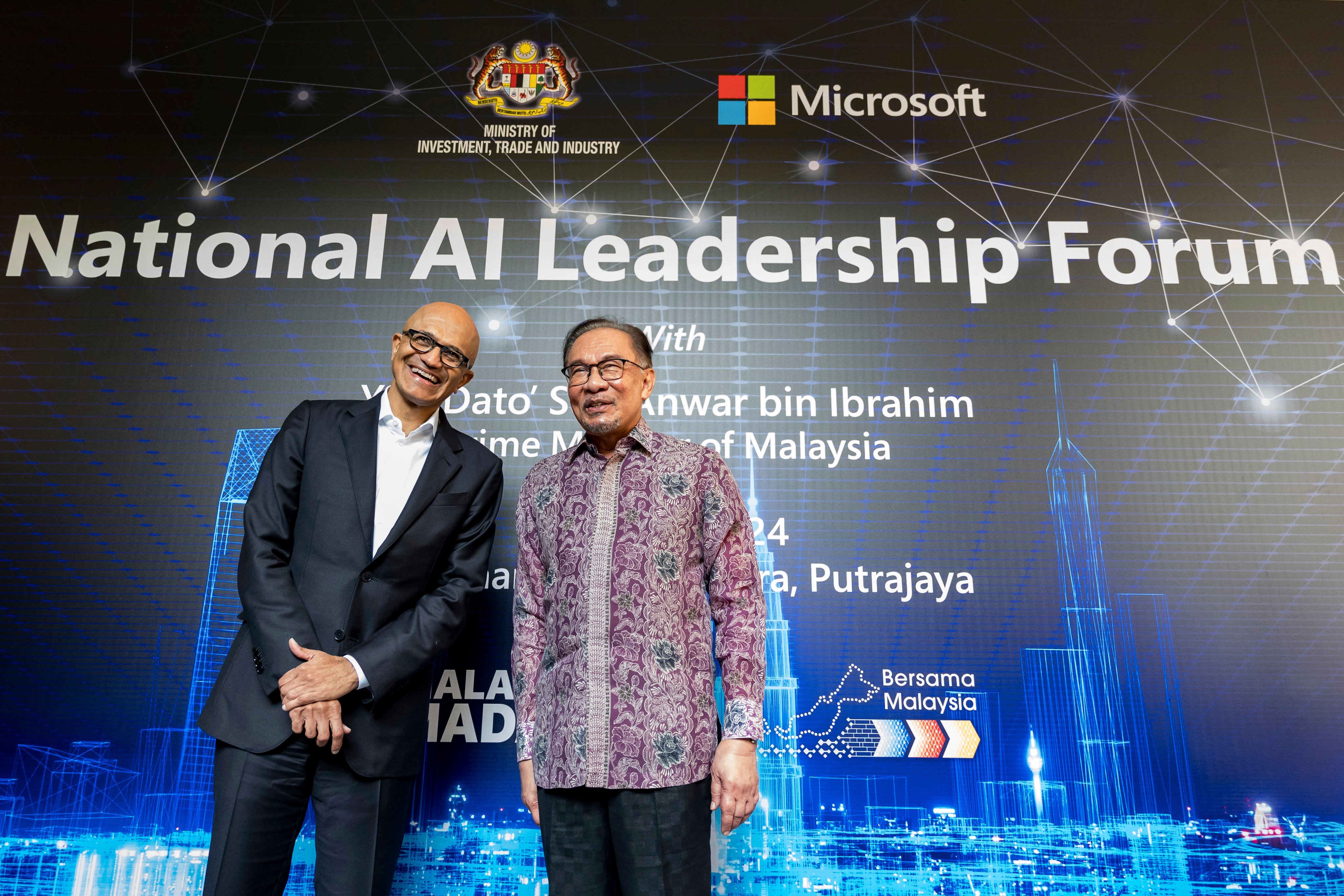 Malaysia’s Prime Minister Anwar Ibrahim (right) and Microsoft CEO Satya Nadella in Putrajaya. Photo: AP