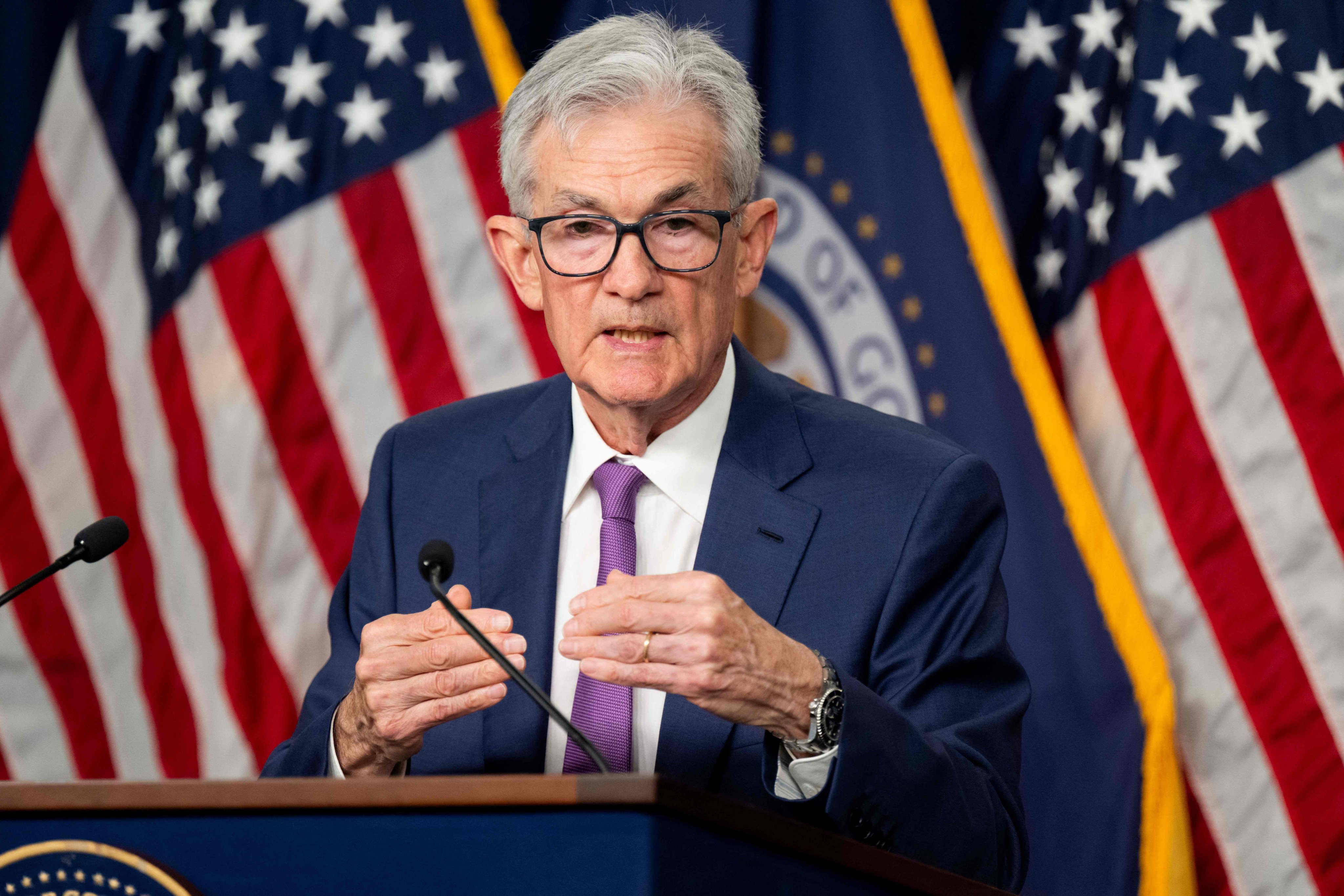 US Federal Reserve chairman Jerome Powell said on Wednesday that the benchmark lending rate would remain unchanged at 5.25-5.50 per cent. Photo: AFP 