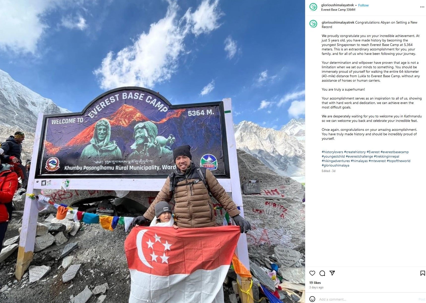 Zikri Ali and his son Abyan at Mount Everest base camp on April 29. Photo: Instagram/abyan.irkiz