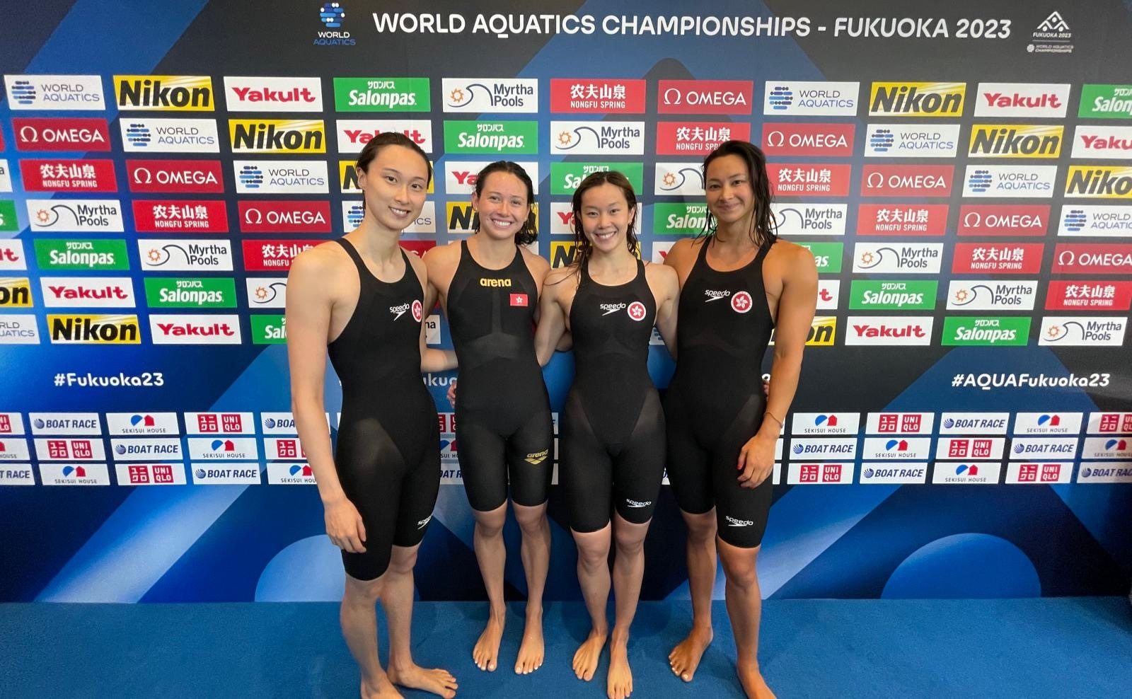 Tam Hoi-lam, Siobhan Haughey, Stephanie Au and Camille Cheng after breaking the city record at the 2023 World Aquatics Championships. Photo: Hong Kong Swimming Association