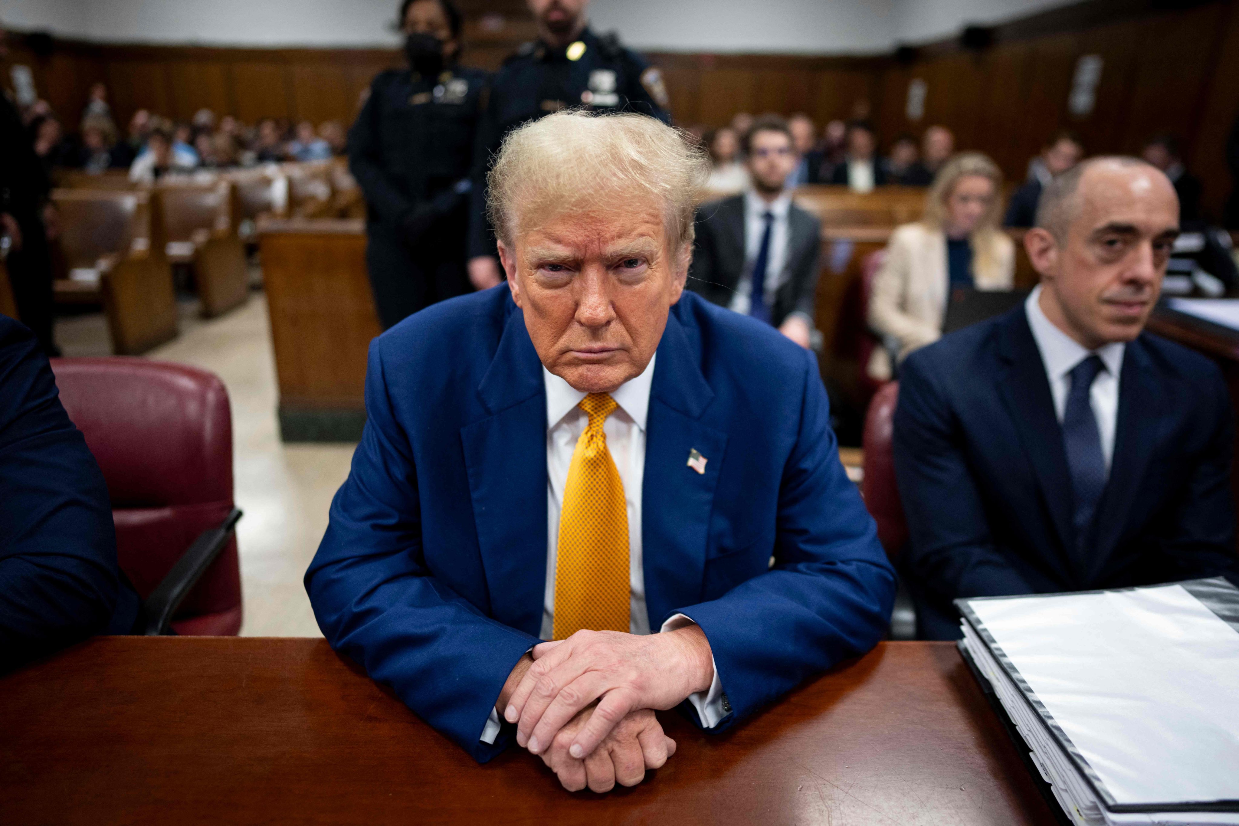 Former US president Donald Trump awaits the start of proceedings in his criminal trial in New York on Thursday. Photo: AFP