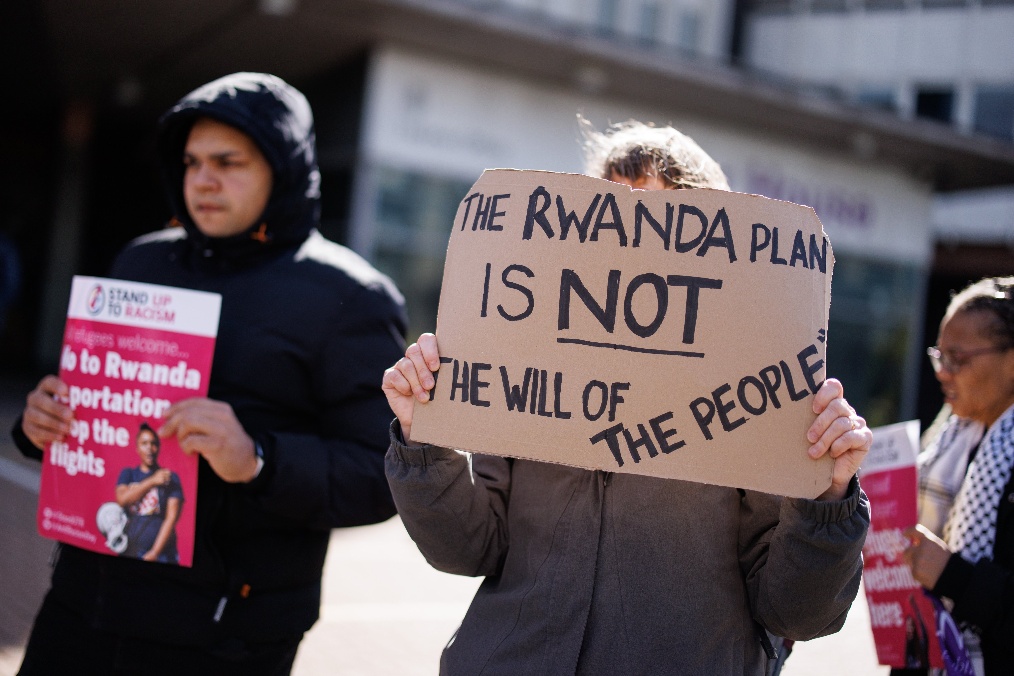 Campaigners protest the UK government’s Rwanda deportation plan. Asylum Aid launched a legal challenge against the policy, which PM Rishi Sunak aims to launch within weeks. Photo: EPA-EFE