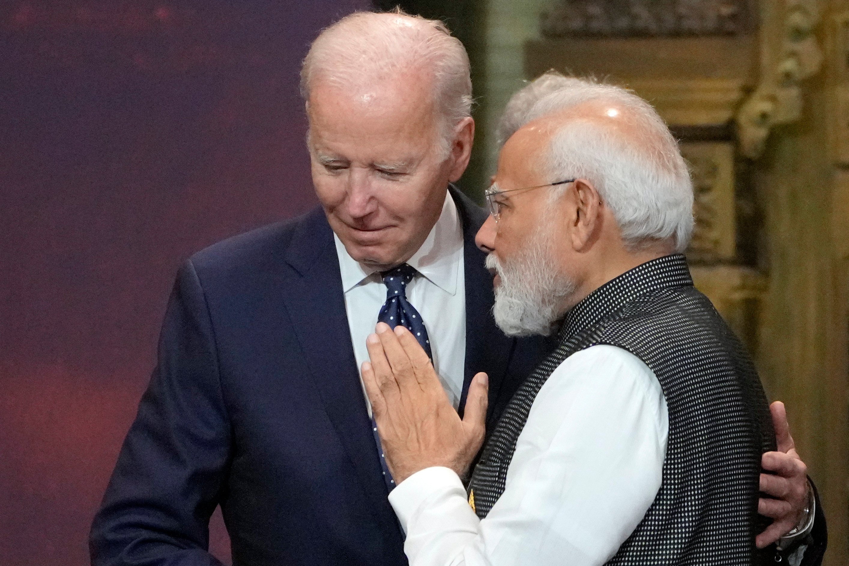 US President Joe Biden and Indian Prime Minister Narendra Modi talk during a G20 summit in Indonesia in 2022. Photo: AP