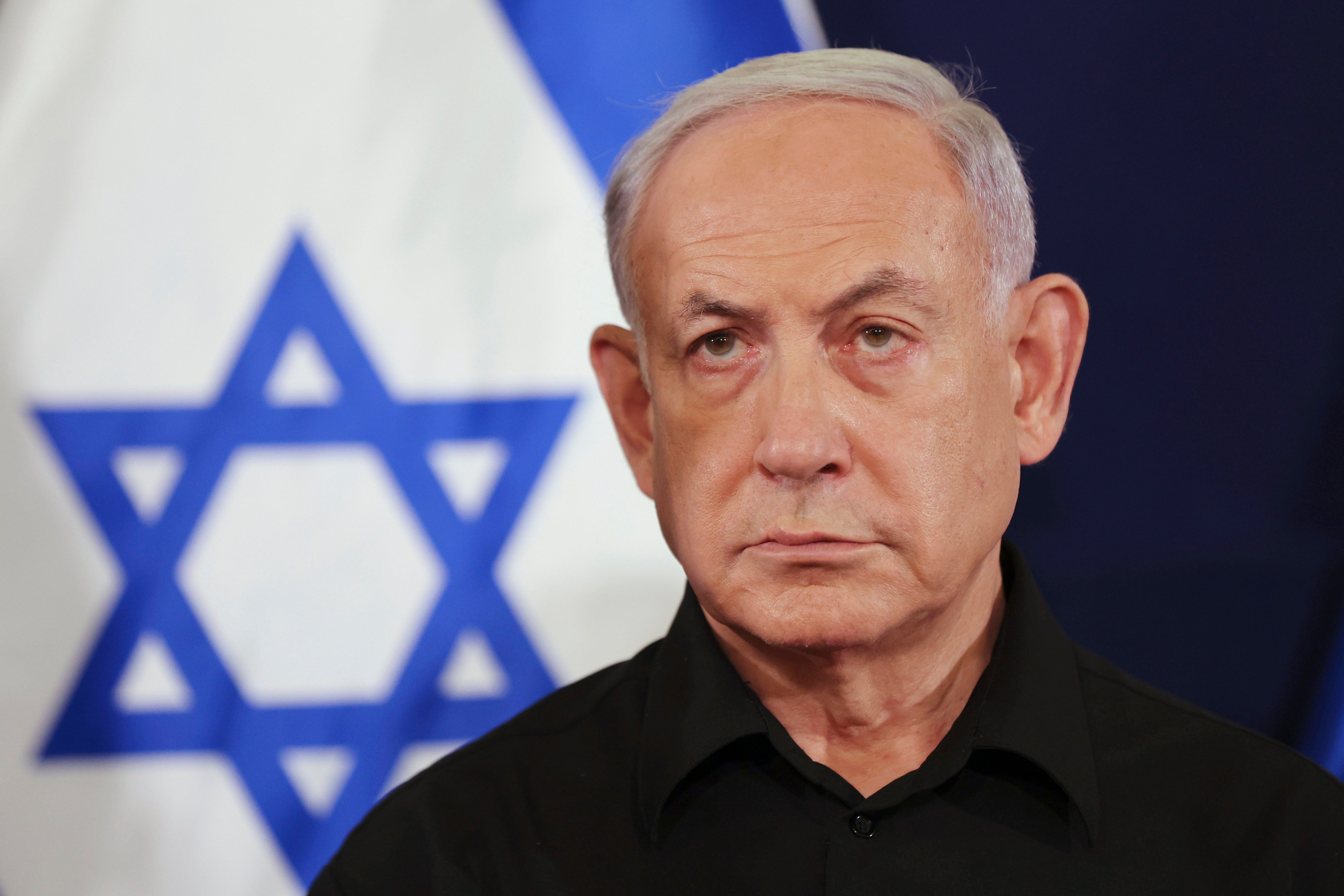 Israeli Prime Minister Benjamin Netanyahu attends a press conference in the Kirya military base in Tel Aviv, Israel, in October 2023. Photo: AP