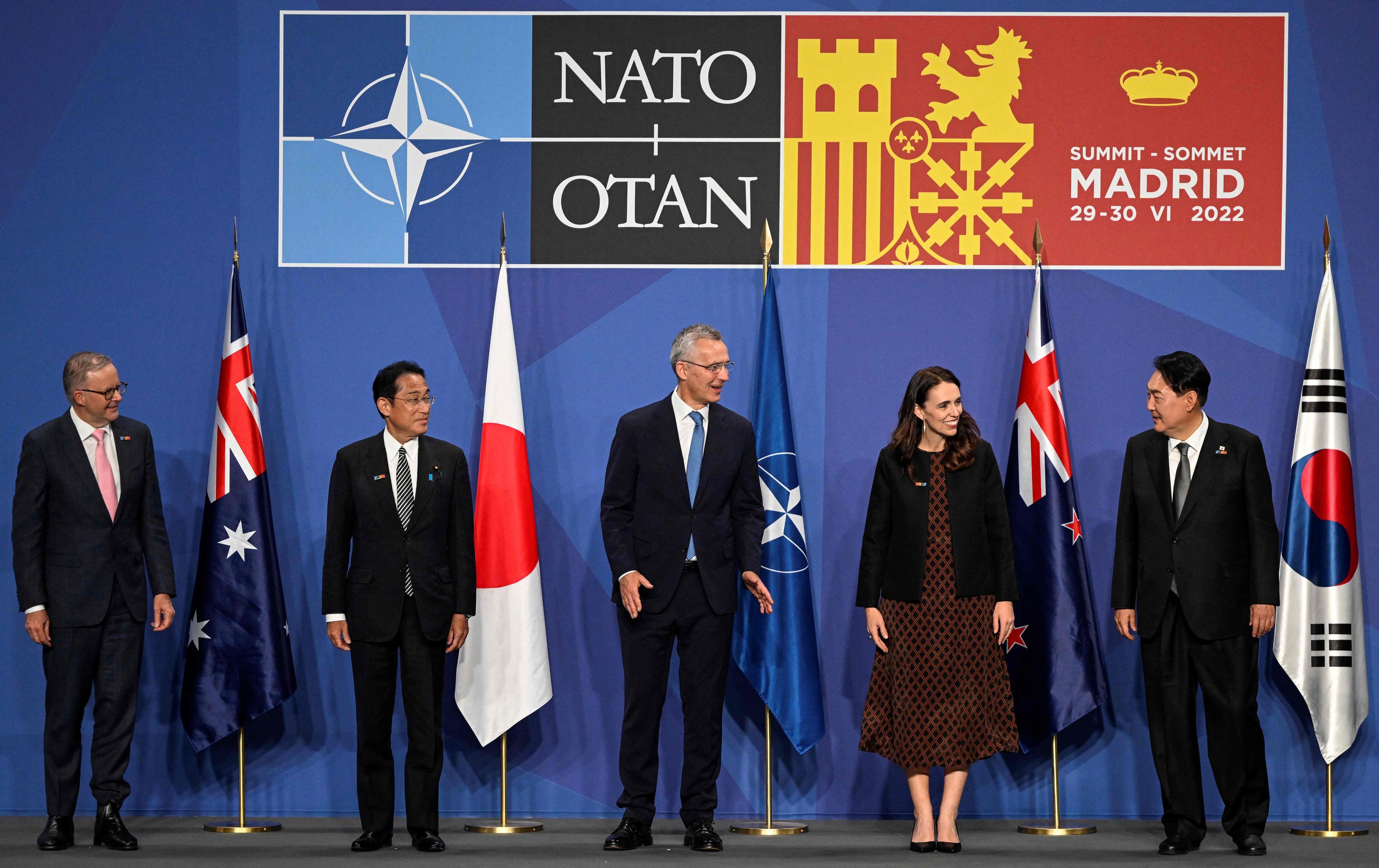 Nato has been drawing closer to the “Asia-Pacific 4” – Australia, Japan, New Zealand and South Korea – whose leaders, seen here with Nato Secretary General Jens Stoltenberg (centre), attended its summit in Madrid last year. Photo: AFP