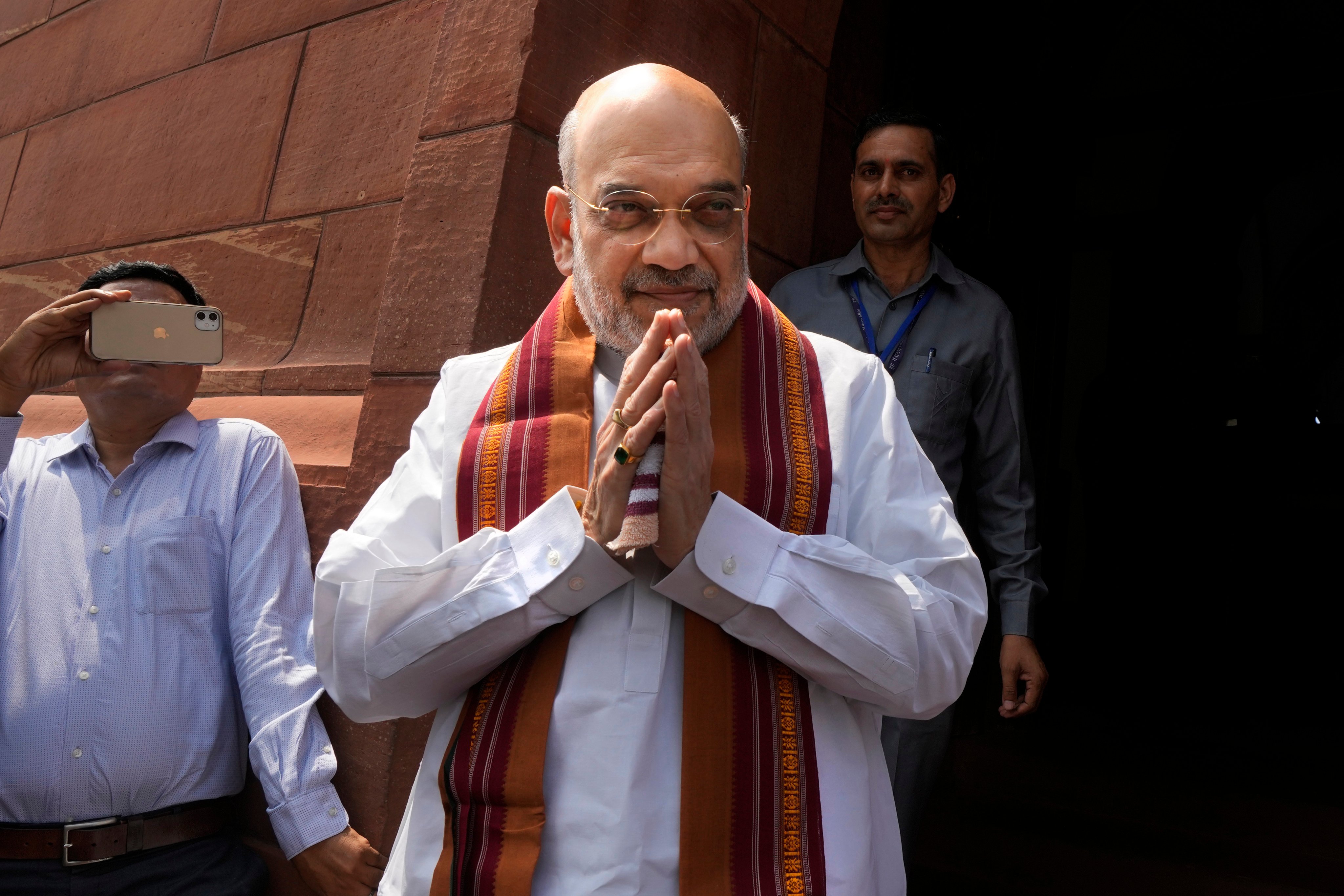 Indian Home Minister Amit Shah arrives at the Indian parliament, in New Delhi. Photo: AP