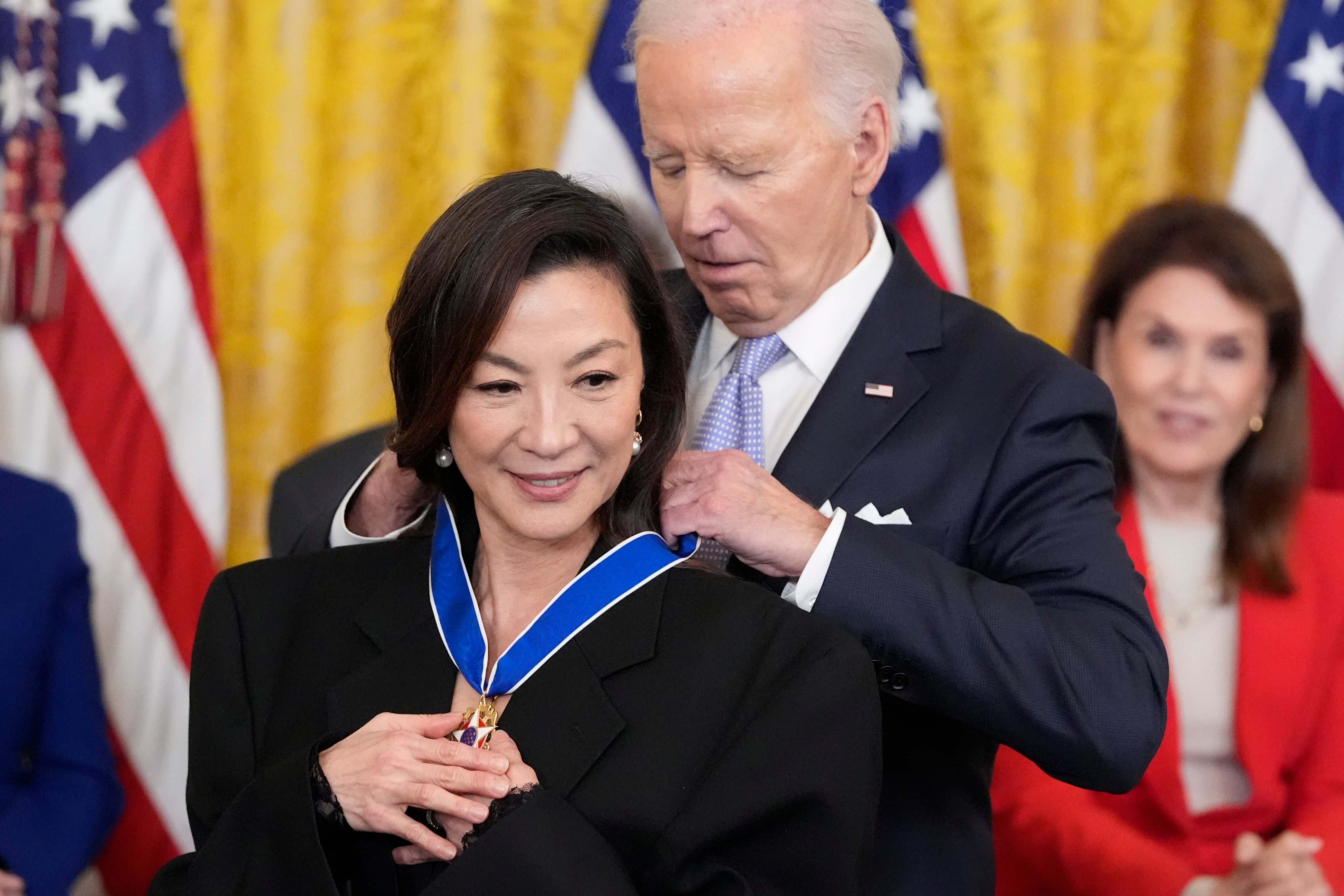 US President Joe Biden awards the nation’s highest civilian honour, the Presidential Medal of Freedom, to actress Michelle Yeoh at the White House on Friday. Photo: AP