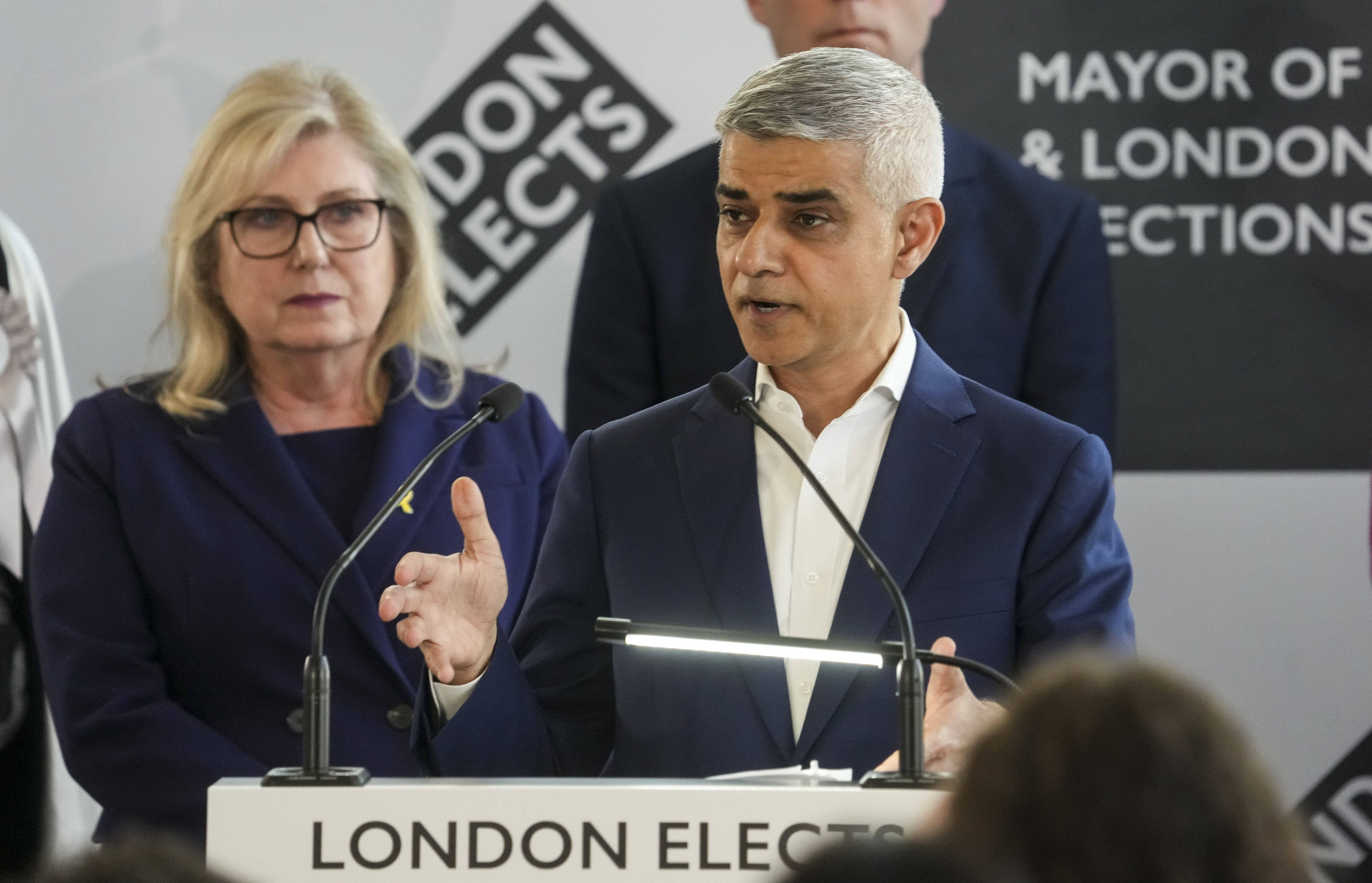 Labour’s Sadiq Khan speaks at City Hall after he is re-elected as the Mayor of London on Saturday. Photo: PA via AP