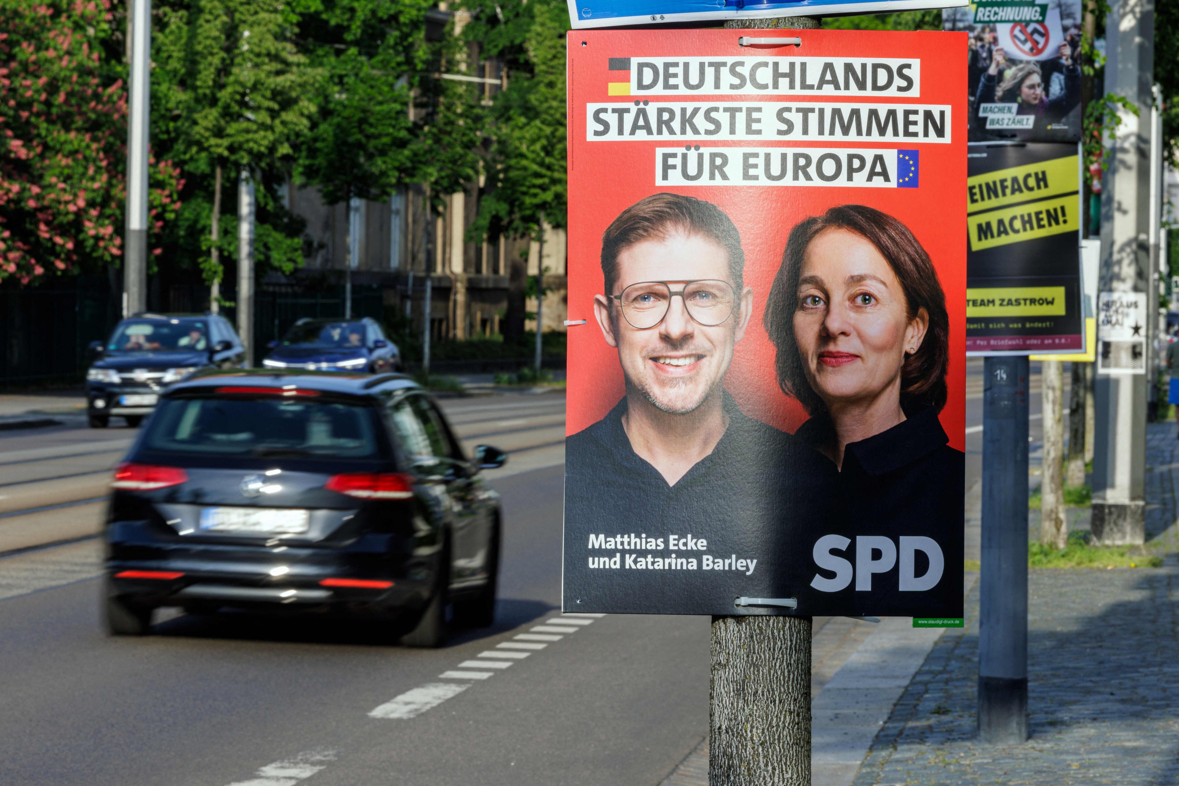 An election poster in Dresden showing Germany’s Social Democratic Party lead candidates Matthias Ecke (L) and Katarina Barley for the upcoming European Parliament elections. Police said attackers beat Ecke up on Friday night. Photo: AFP