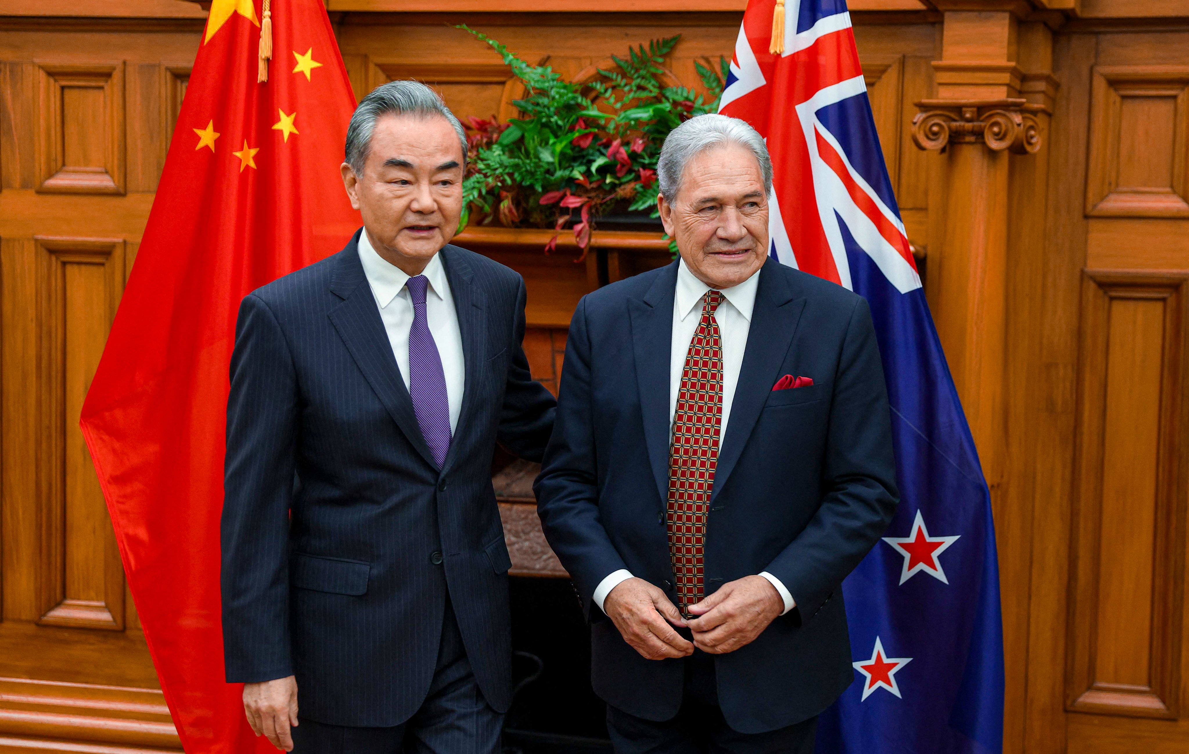 New Zealand Minister of Foreign Affairs Winston Peters (right) and Chinese Foreign Minister Wang Yi met in Wellington in March. Photo: AFP