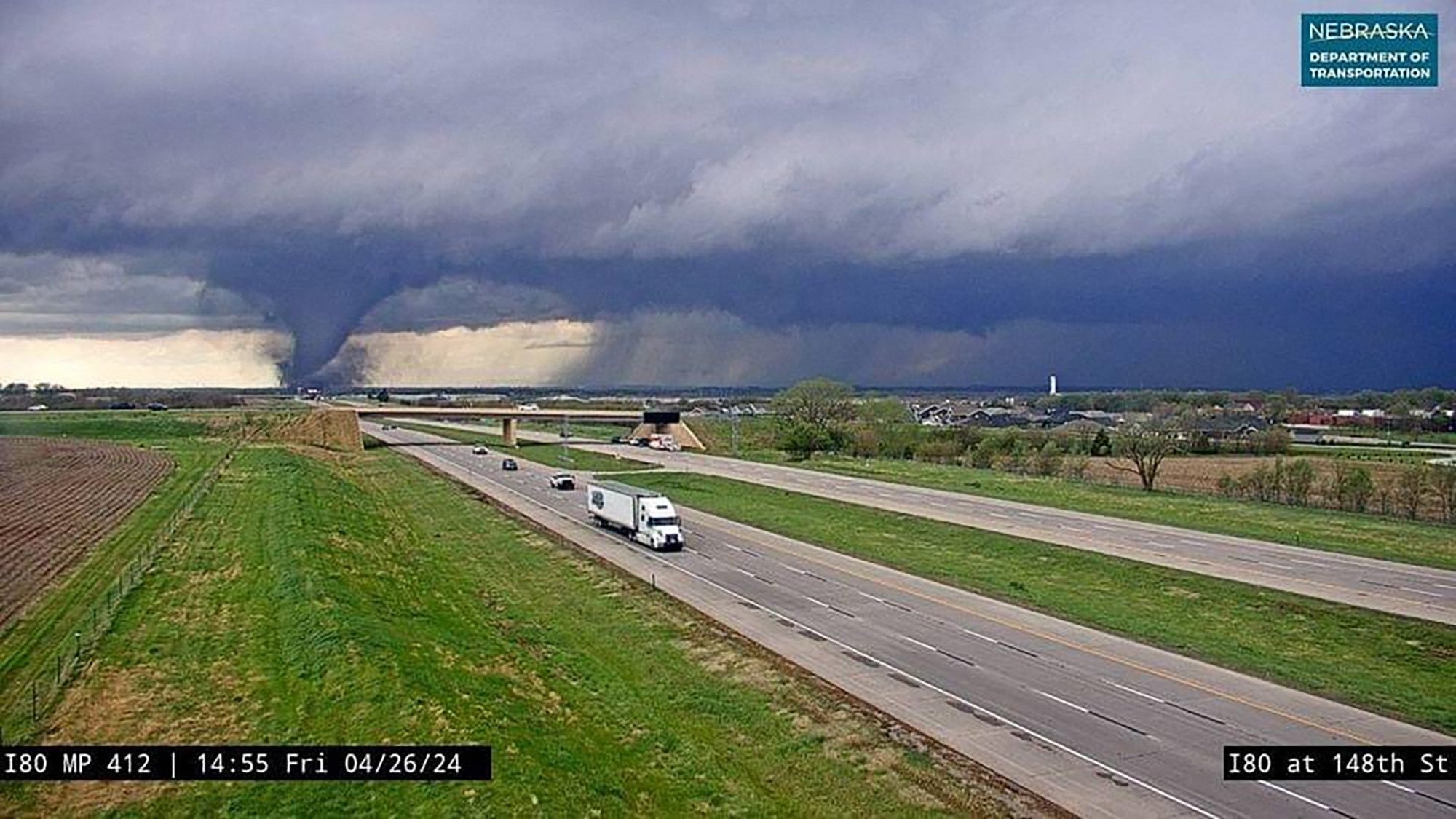 A tornado crossing Interstate Highway 80 near Waverly, Nebraska, on April 26, 2024. Photo: Nebraska Department of Transportation/AFP