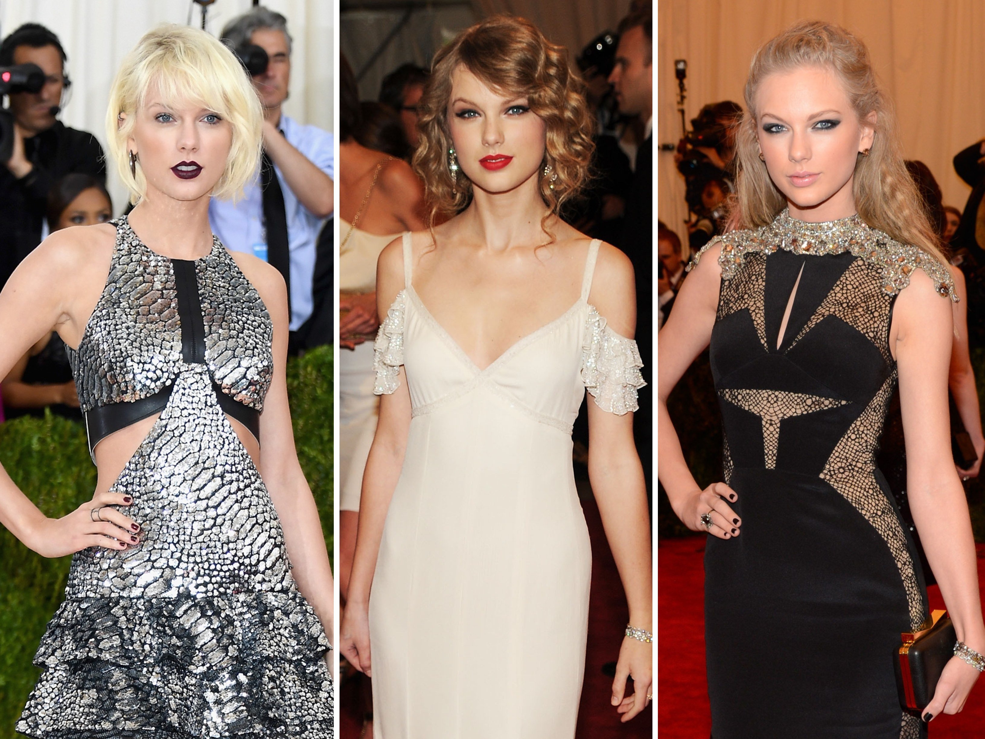 Musician Taylor Swift attends the Met Gala in 2016, 2010 and 2013. Photos: Getty Images