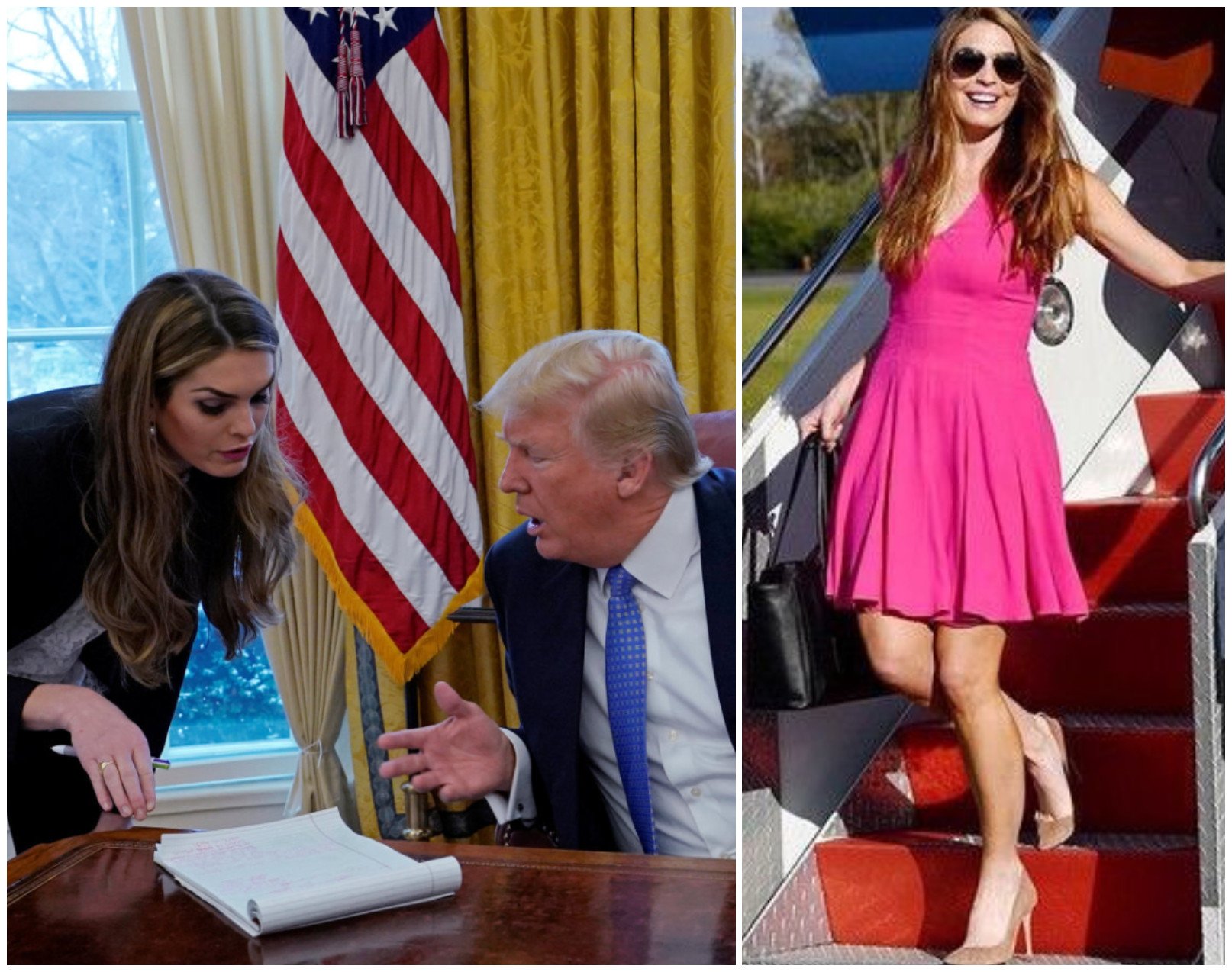 Hope Hicks confers with former President Donald Trump in the Oval Office; Hicks steps off a plane in a bright pink sundress. Photos: Reuters, @hopehicksfanpage/Instagram