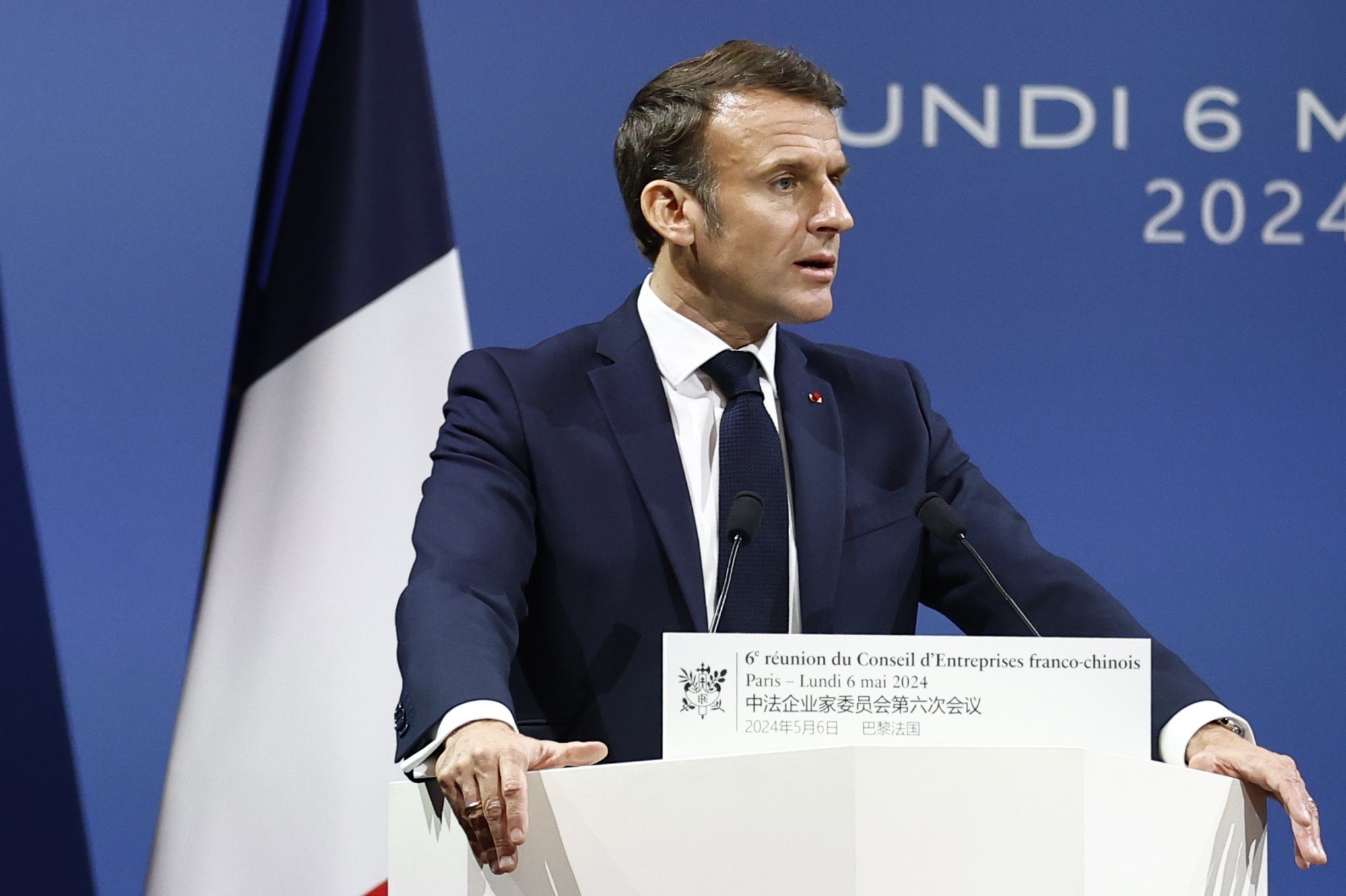 Macron at the sixth meeting of the Franco-Chinese Business Council at the Marigny Theater in Paris on Monday. Photo: EPA-EFE