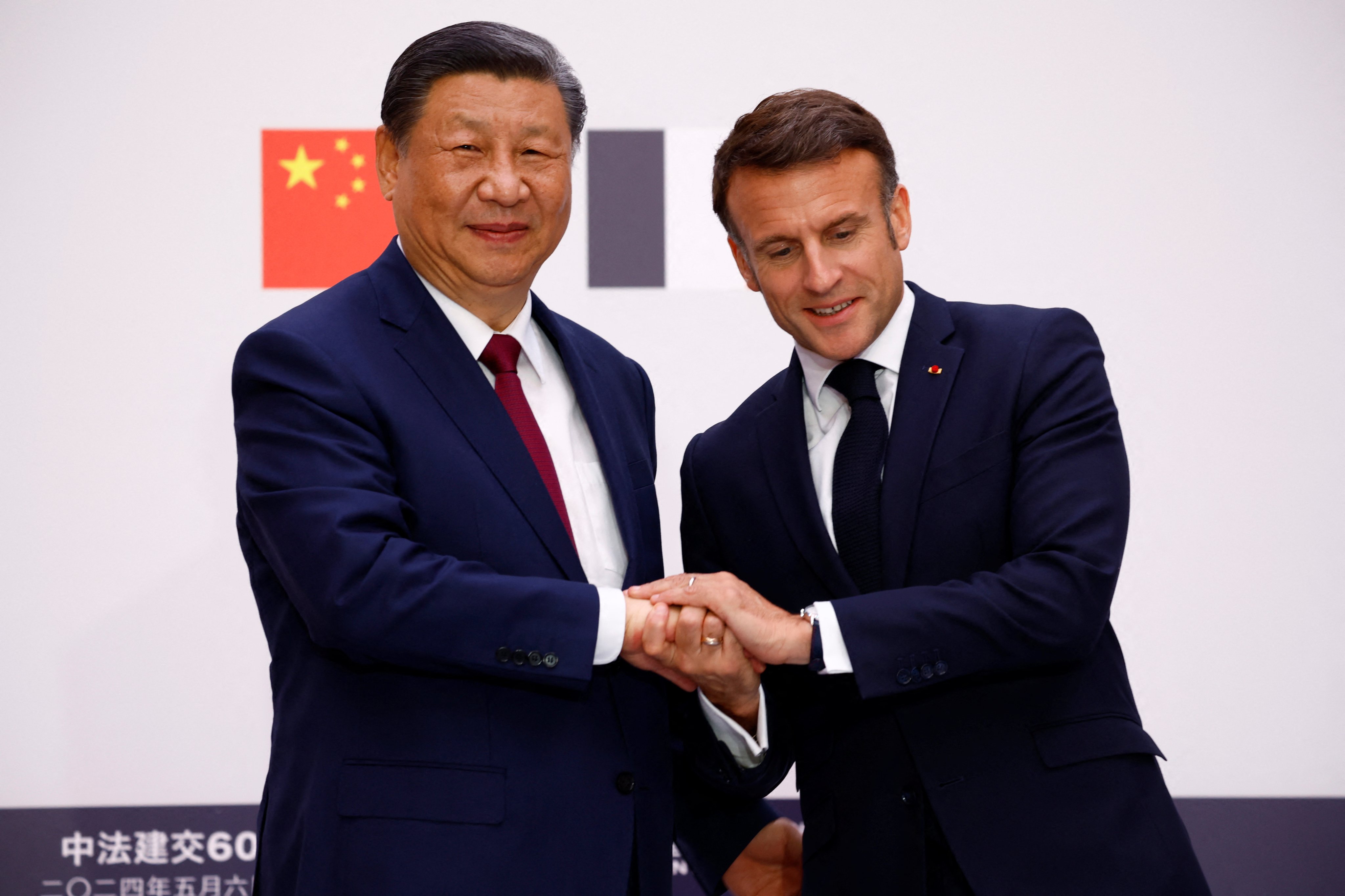 Chinese President Xi Jinping and French president Emmanuel Macron after a joint statement at the Elysee Palace in Paris on Monday. Photo: EPA-EFE