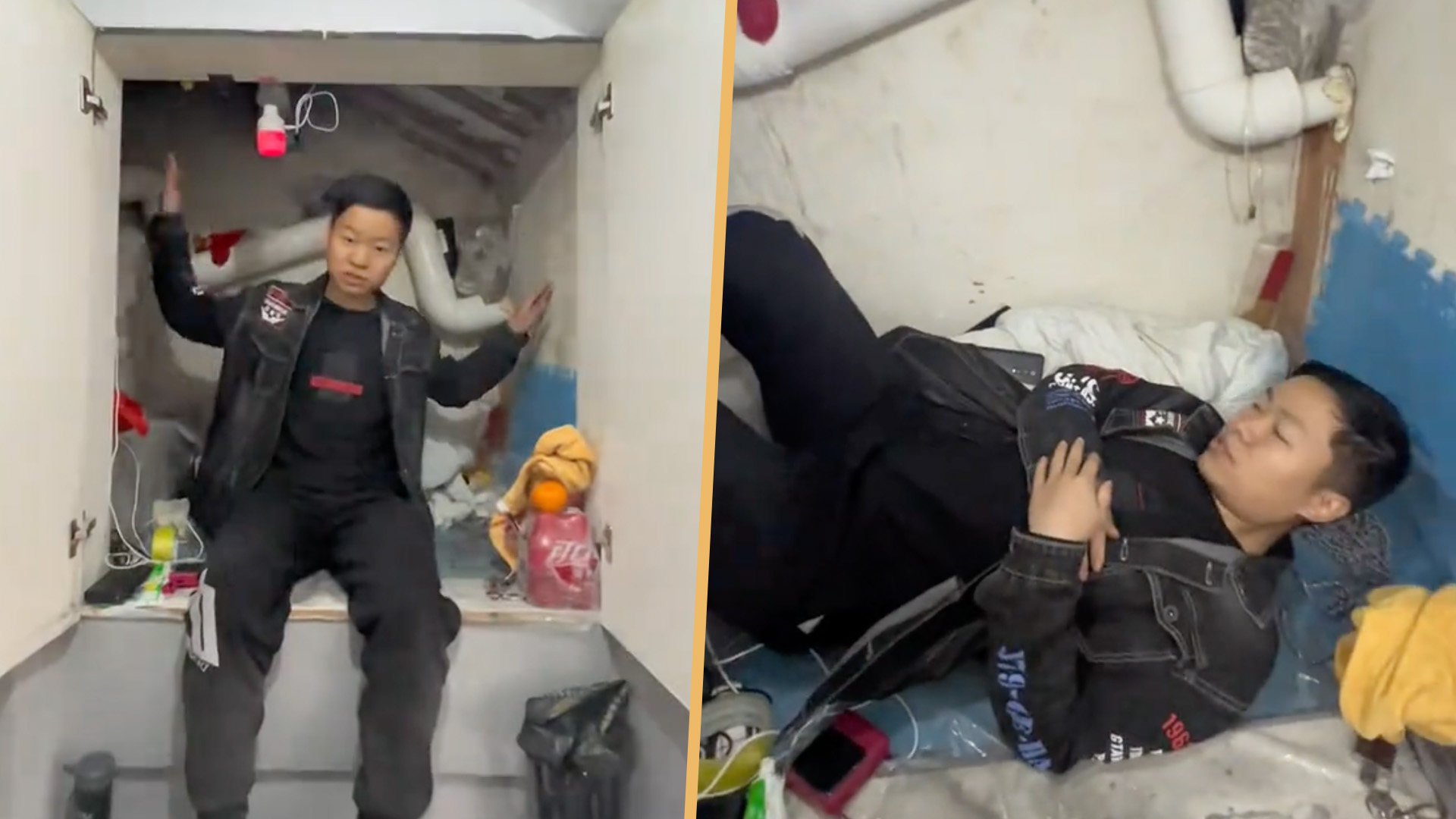 A tiny living space occupied by a migrant worker in China has sparked dismay on mainland social media amid an ongoing official crackdown on internet misinformation. Photo: SCMP composite/Douyin