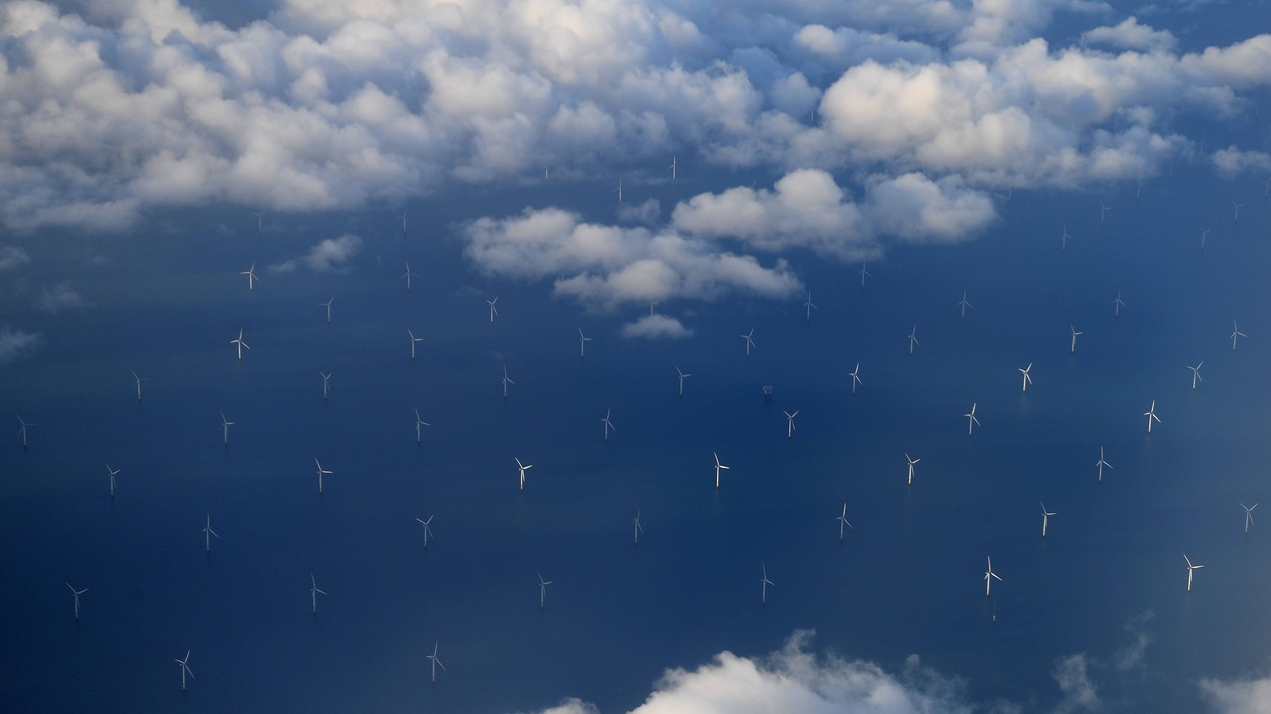 An aerial file photo shows an offshore wind farm on the in Liverpool Bay off the west coast of northern England. Photo: AFP