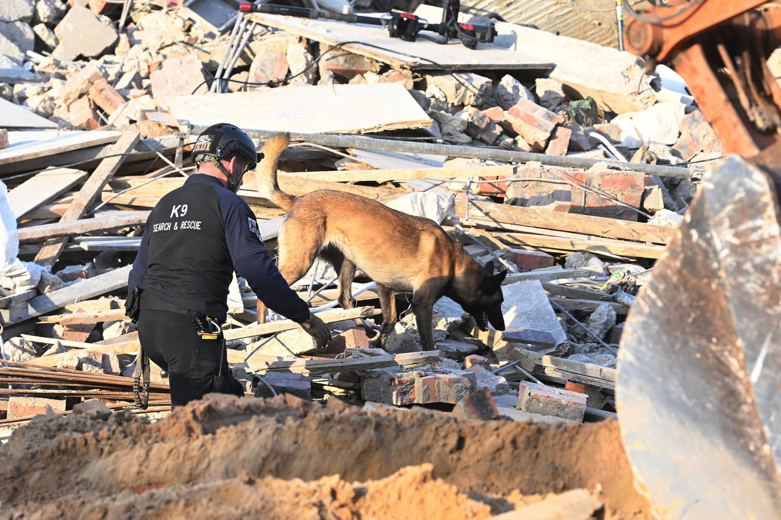 A sniffer dog with an emergency worker on the scene of a collapsed building in George, South Africa on Tuesday. Photo: AP