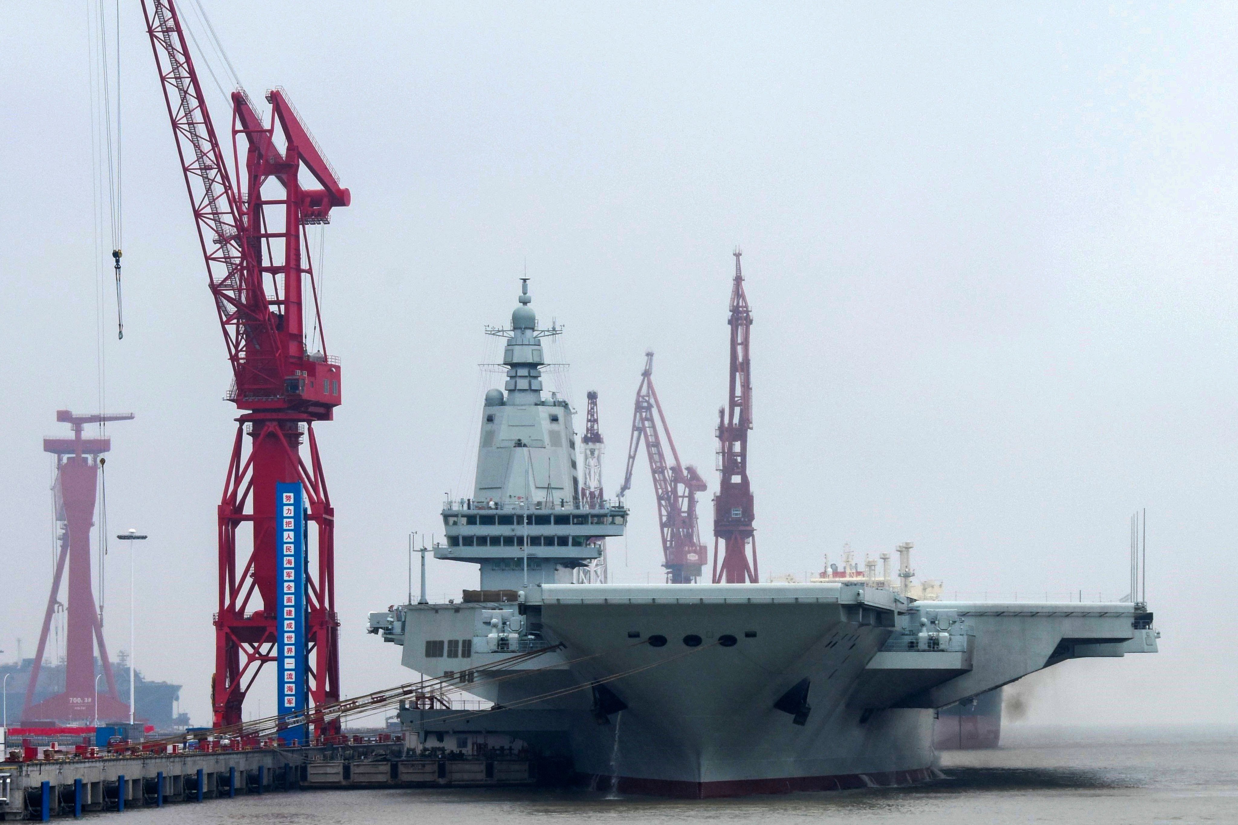 China’s third aircraft carrier, the Fujian, prepares to set out for maiden sea trials from Shanghai on May 1. Photo: Xinhua via AP