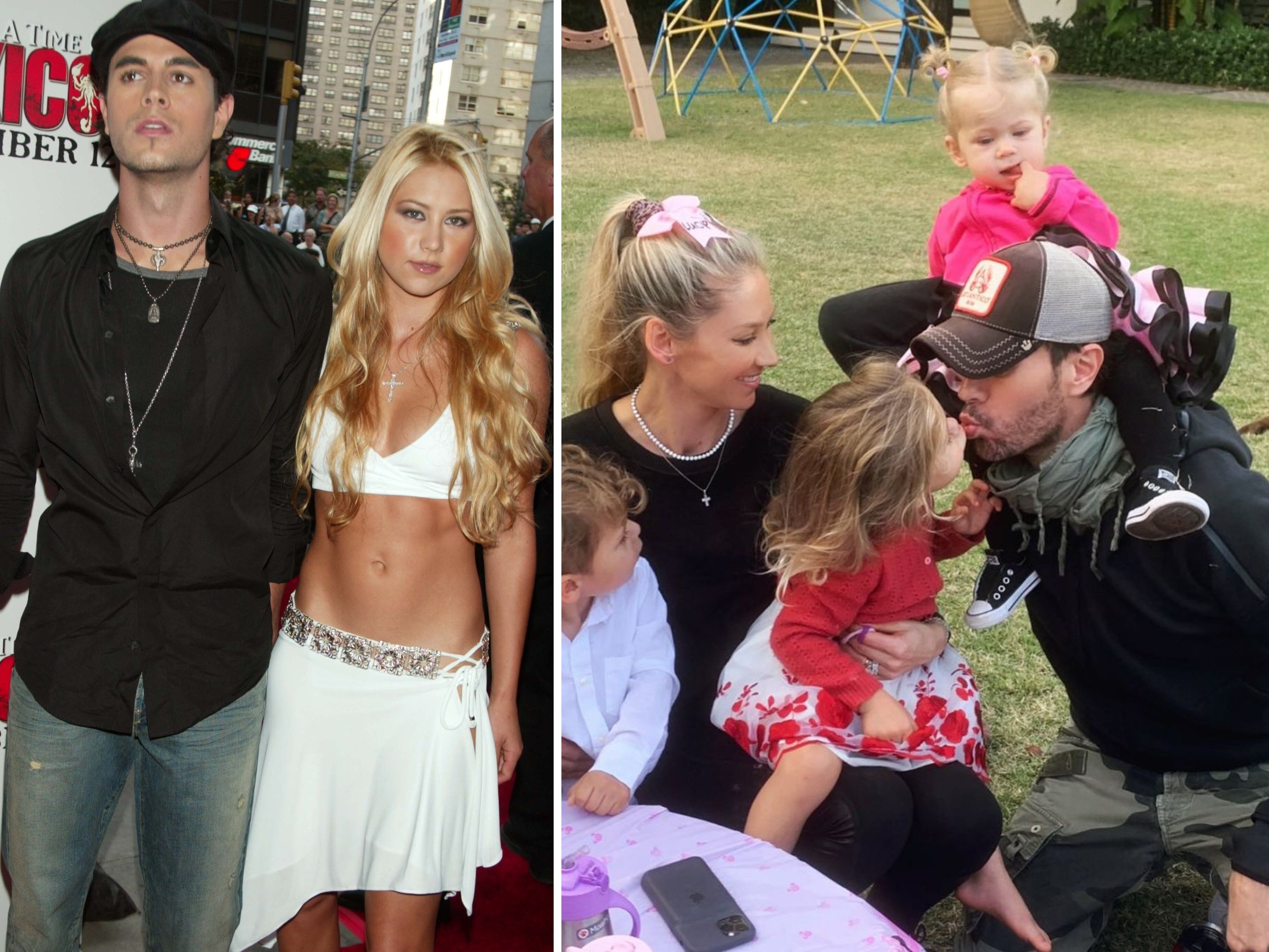 Enrique Iglesias and Anna Kournikova at the premier of Once Upon a Time In Mexico in New York in 2003; the couple with their children in an Instagram post. Photos: Getty Images, @annakournikova/Instagram
