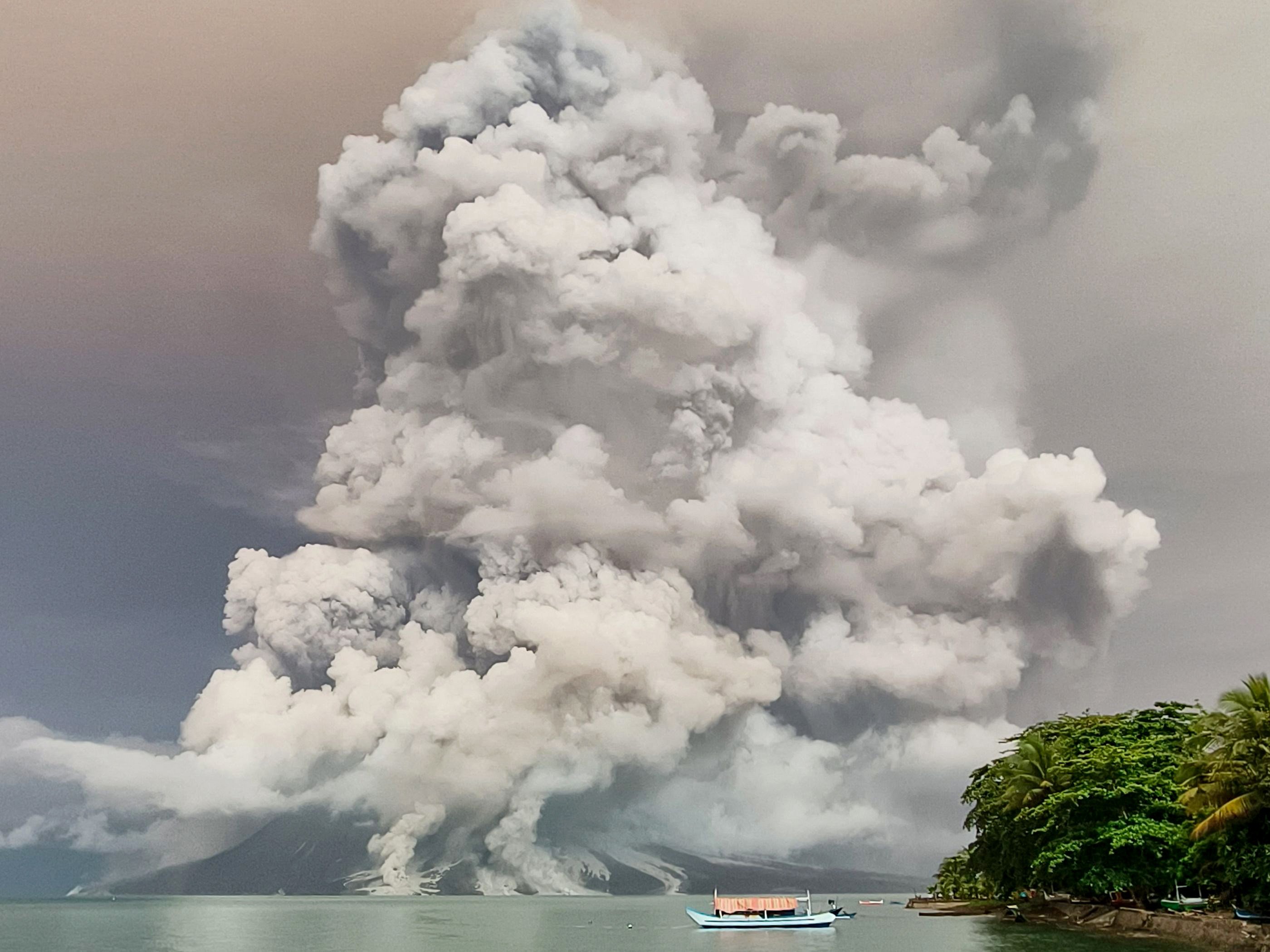 An eruption from Mount Ruang volcano is seen from Tagulandang island in Sitaro, North Sulawesi, on April 30. Photo: AFP