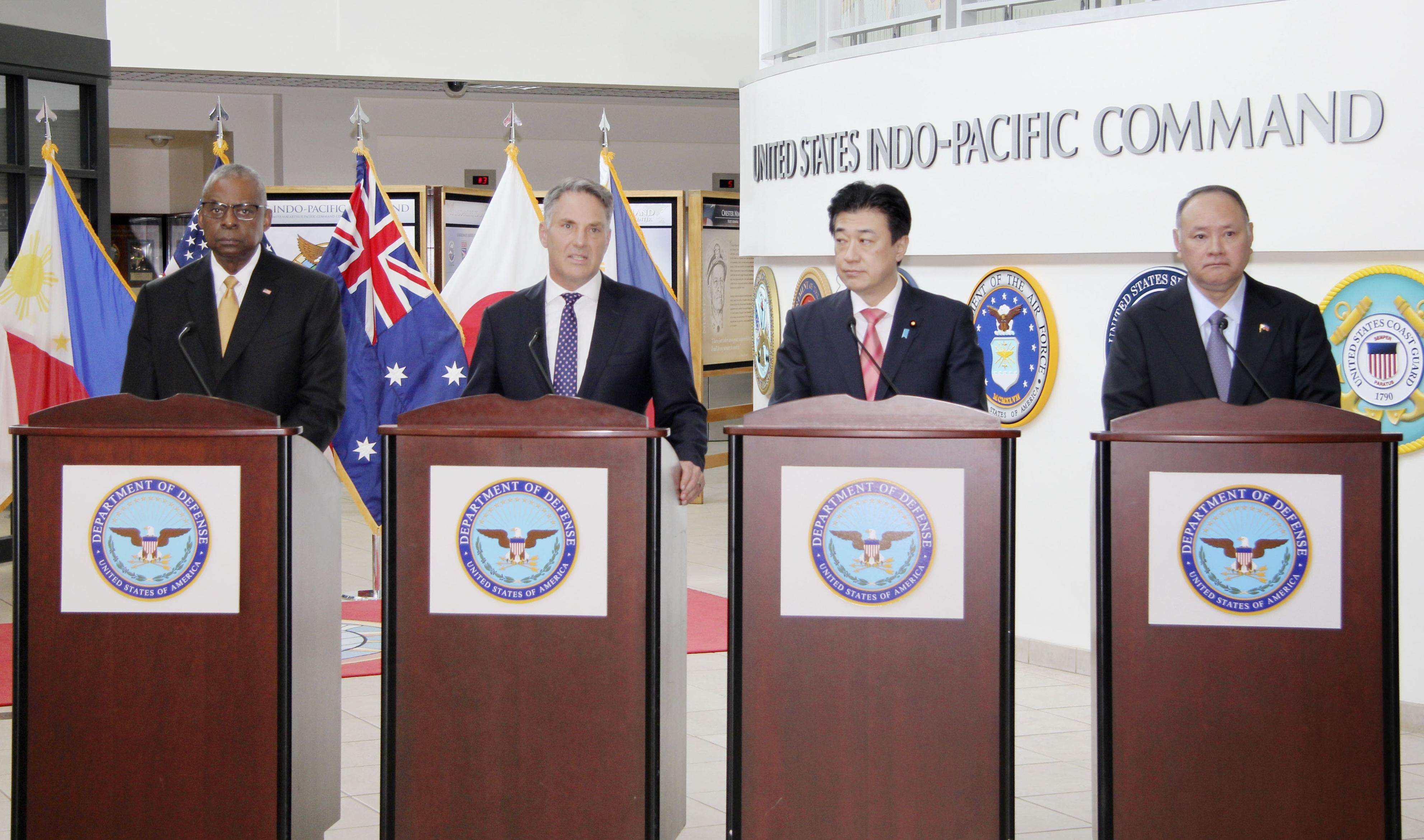(From left) US Defence Secretary Lloyd Austin, Australian Defence Minister Richard Marles, Japanese Defence Minister Minoru Kihara and Philippine Defence Secretary Gilberto Teodoro hold a joint press conference following their talks in Hawaii on May 2. Photo: Kyodo