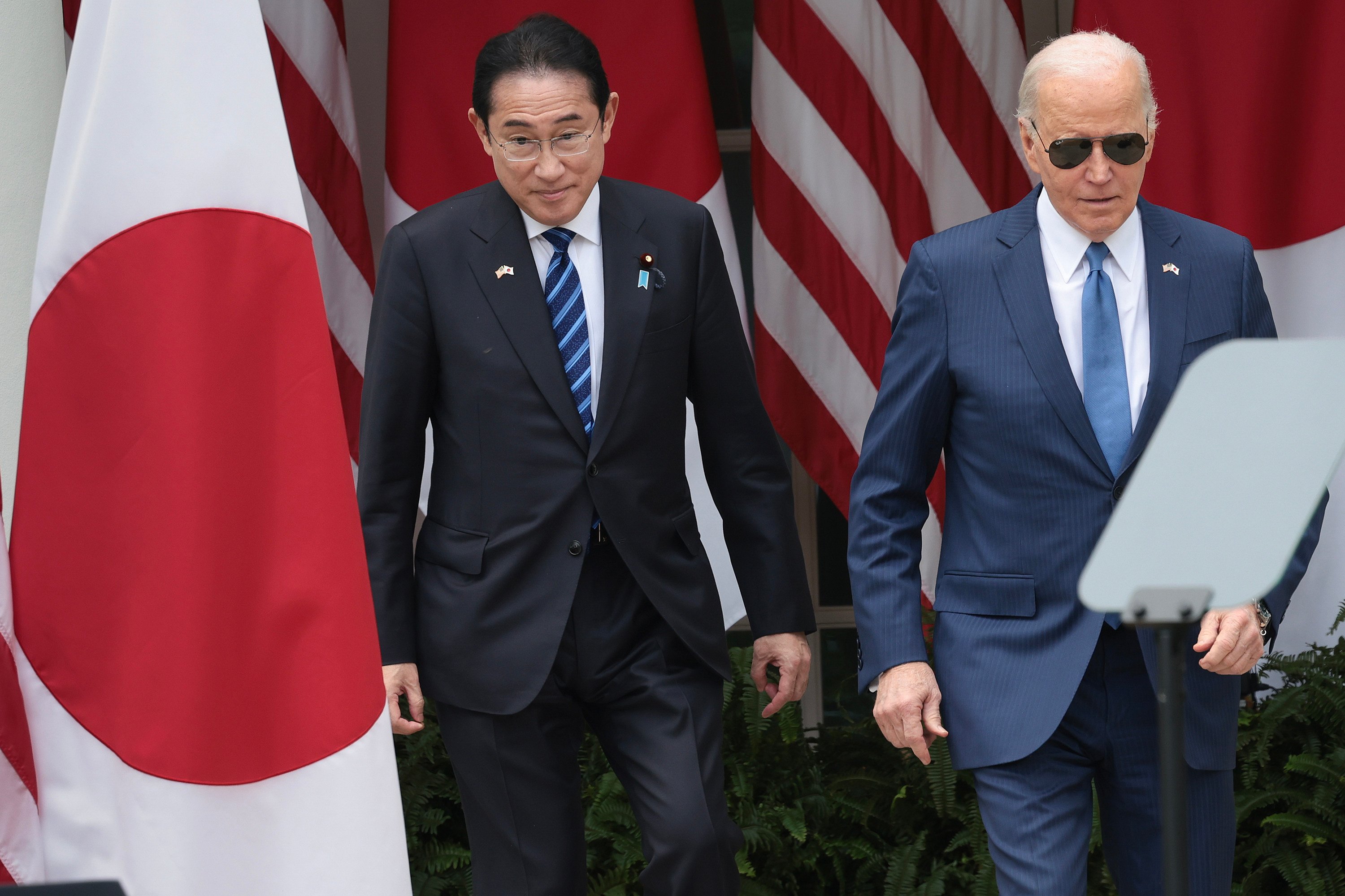 US President Joe Biden and Japanese Prime Minister Fumio Kishida arrive for a joint press conference at the White House last month. Photo: TNS